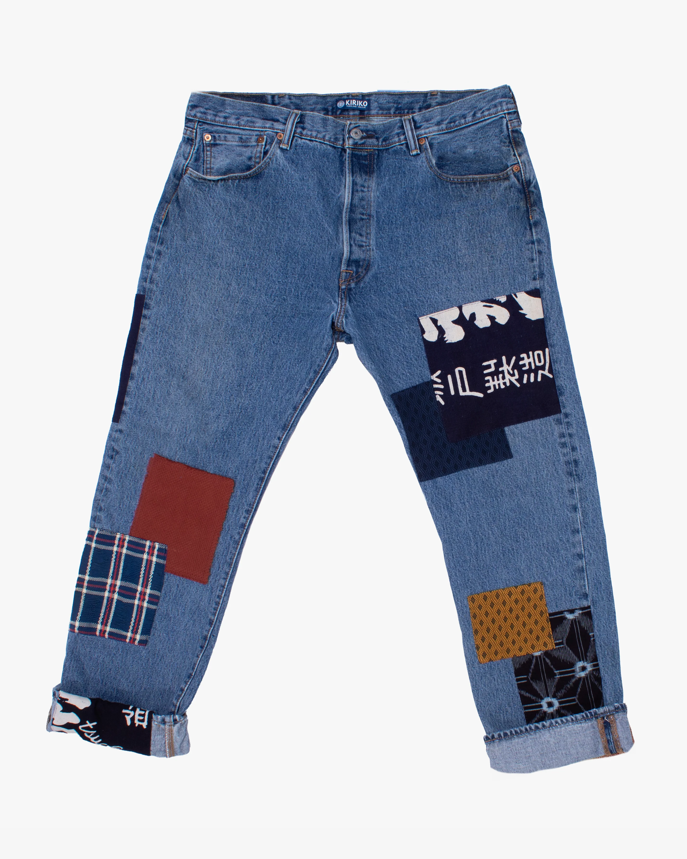 Kiriko Custom Denim Jeans, Patched Vintage Maekake and Sashi-ori, Levi's Brand, 1 - Image 2