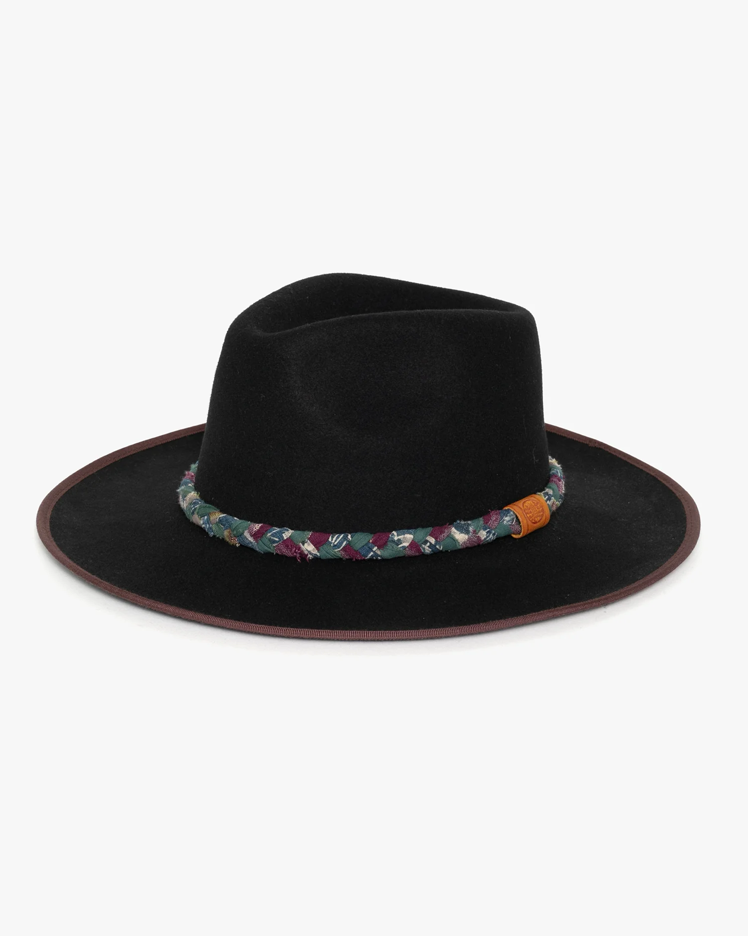 Kiriko Custom Wool Felt Hat, Navy with Braided Boro Fabric, Brixton, Teal and Burgundy