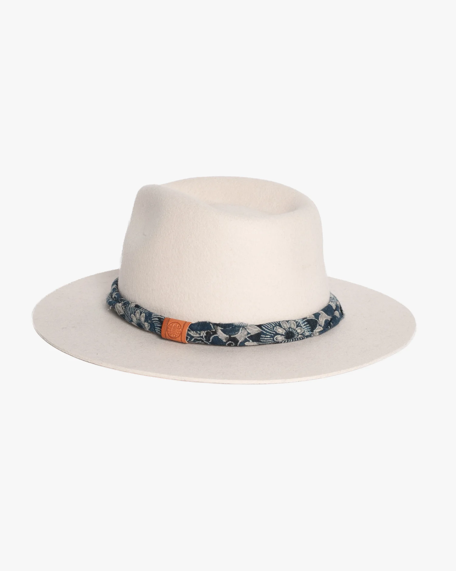 Kiriko Custom Wool Felt Hat, Stone with Twisted Boro Fabric, Brixton, Indigo Katazome Kiku Karakusa - Image 2