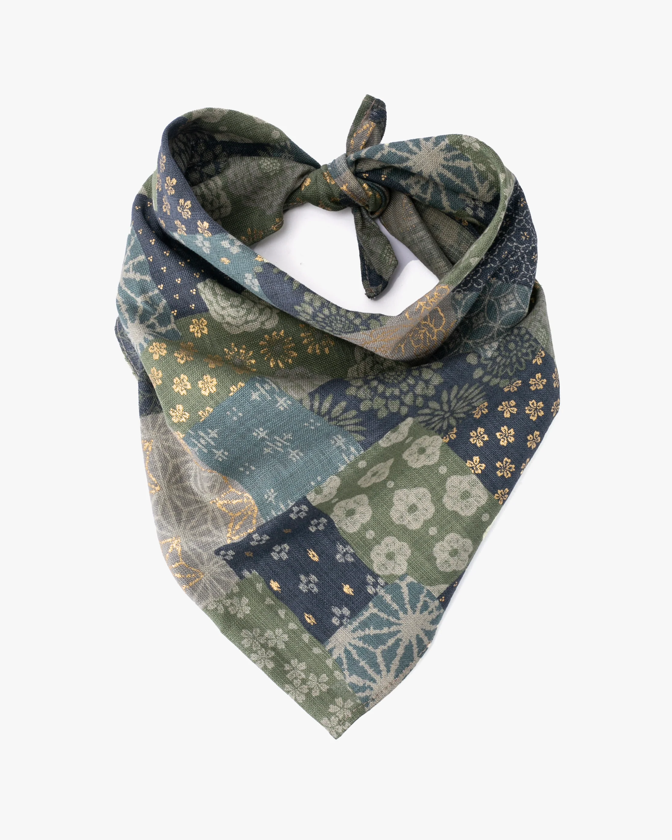 Kiriko Original Bandana, Classic, Patchwork Style, Sage and Gold - Image 2
