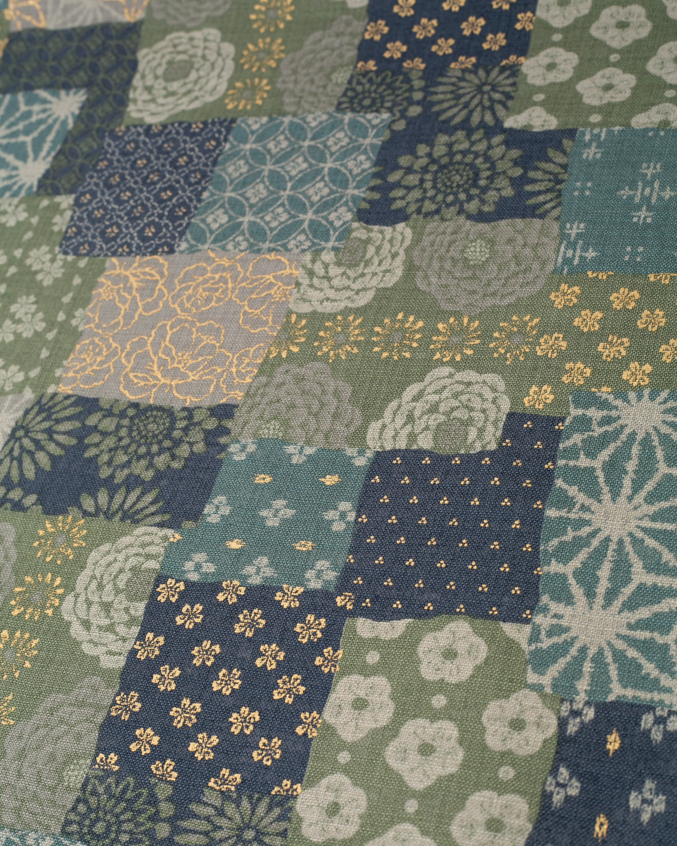 Kiriko Original Bandana, Classic, Patchwork Style, Sage and Gold - Image 3