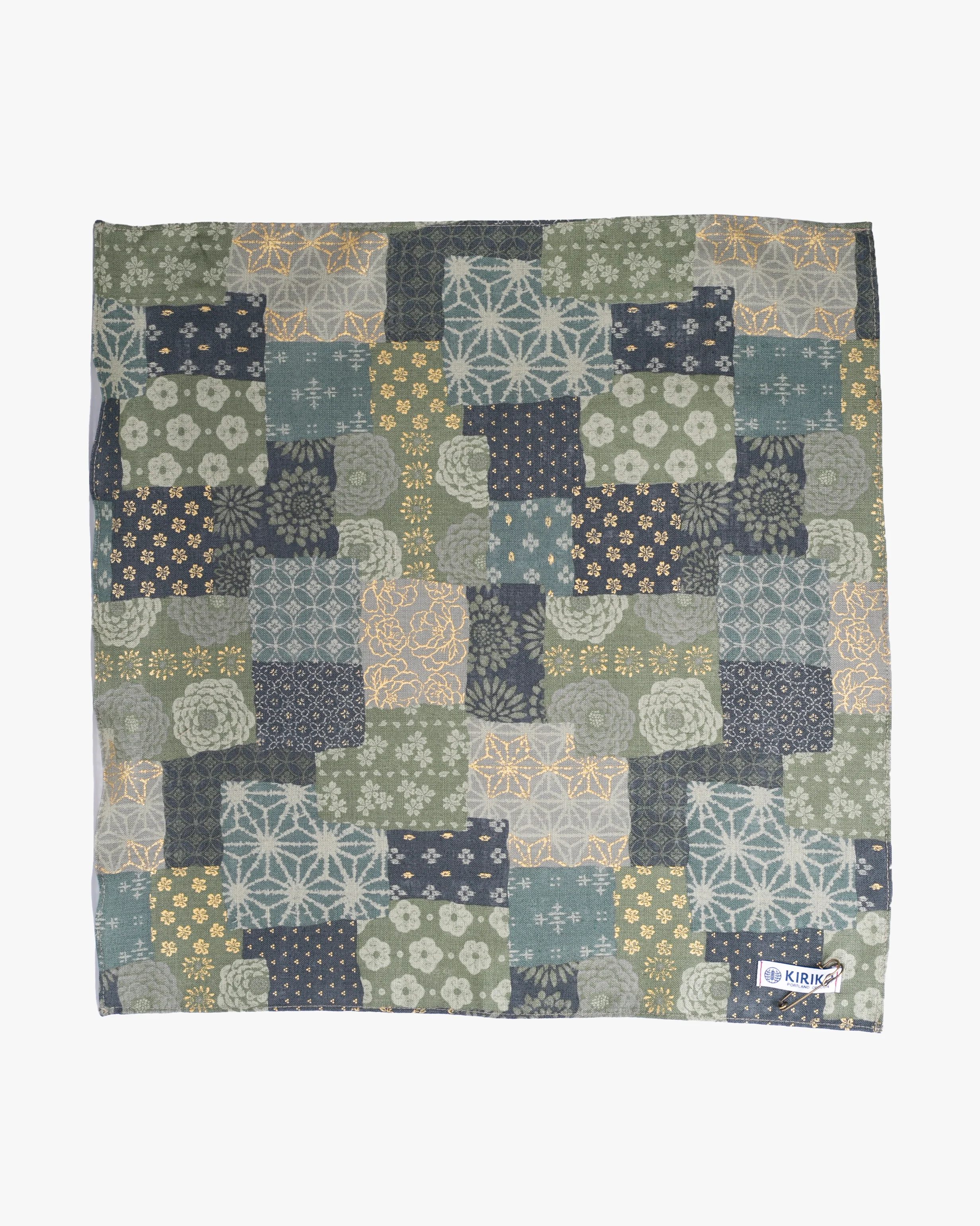 Kiriko Original Bandana, Classic, Patchwork Style, Sage and Gold - Image 5