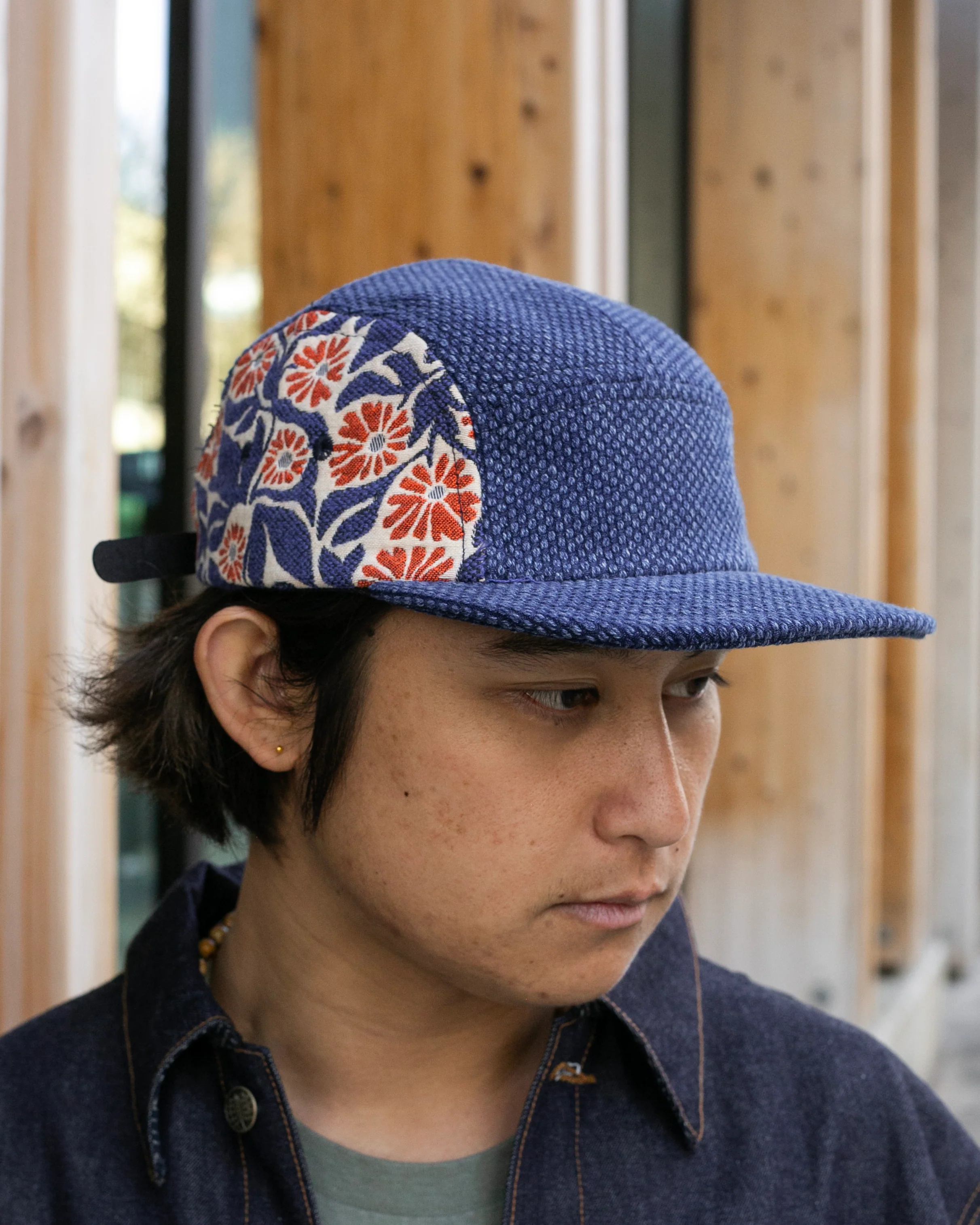 Kiriko Original Cap, 5-Panel, Two Tone, Washed Indigo Sashi-Ori with Orange Chrysanthemum French Jacquard