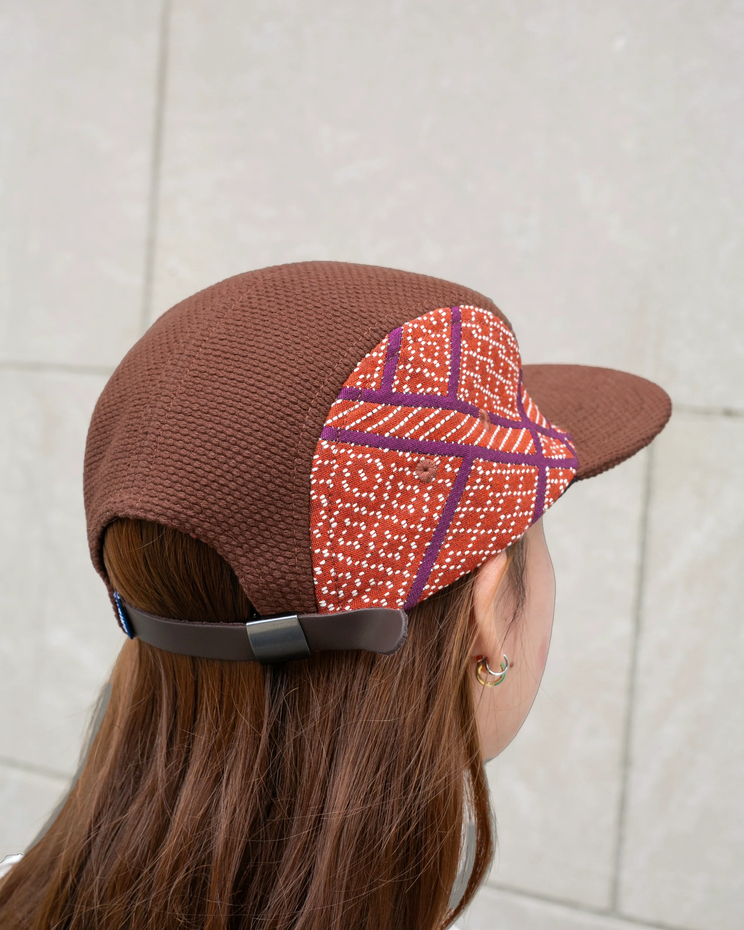 Kiriko Original Cap, 5-Panel, Two Tone, Burnt Scarlet and Violet Sashiko Hishi X Sashi-Ori - Image 3