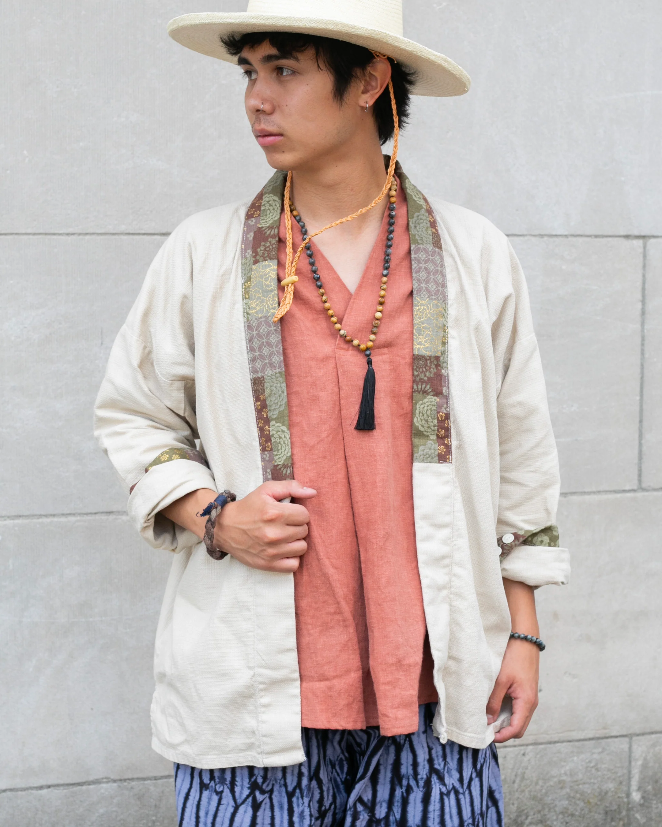 Kiriko Original Jacket, Modern Noragi, Cream and Multi Patchwork, Azuki and Gold