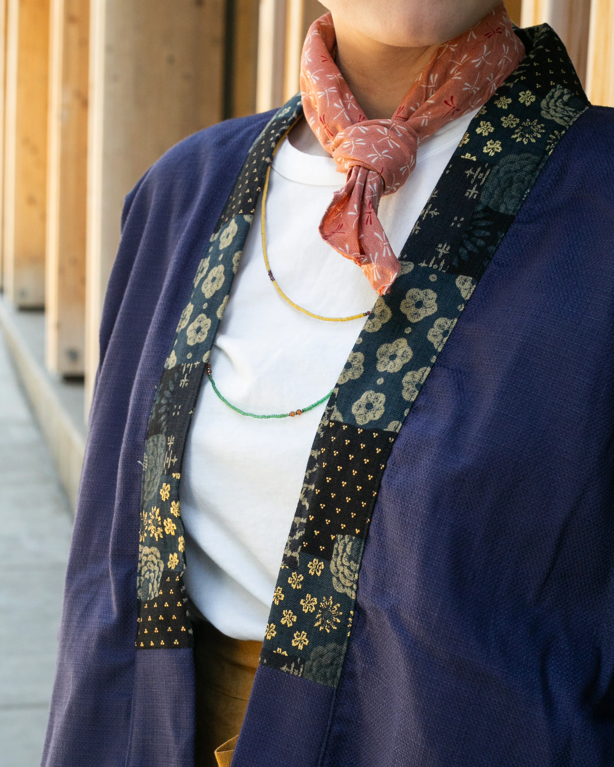 Kiriko Original Jacket, Modern Noragi, Indigo and Multi Patchwork, Dark Teal and Gold - Image 3