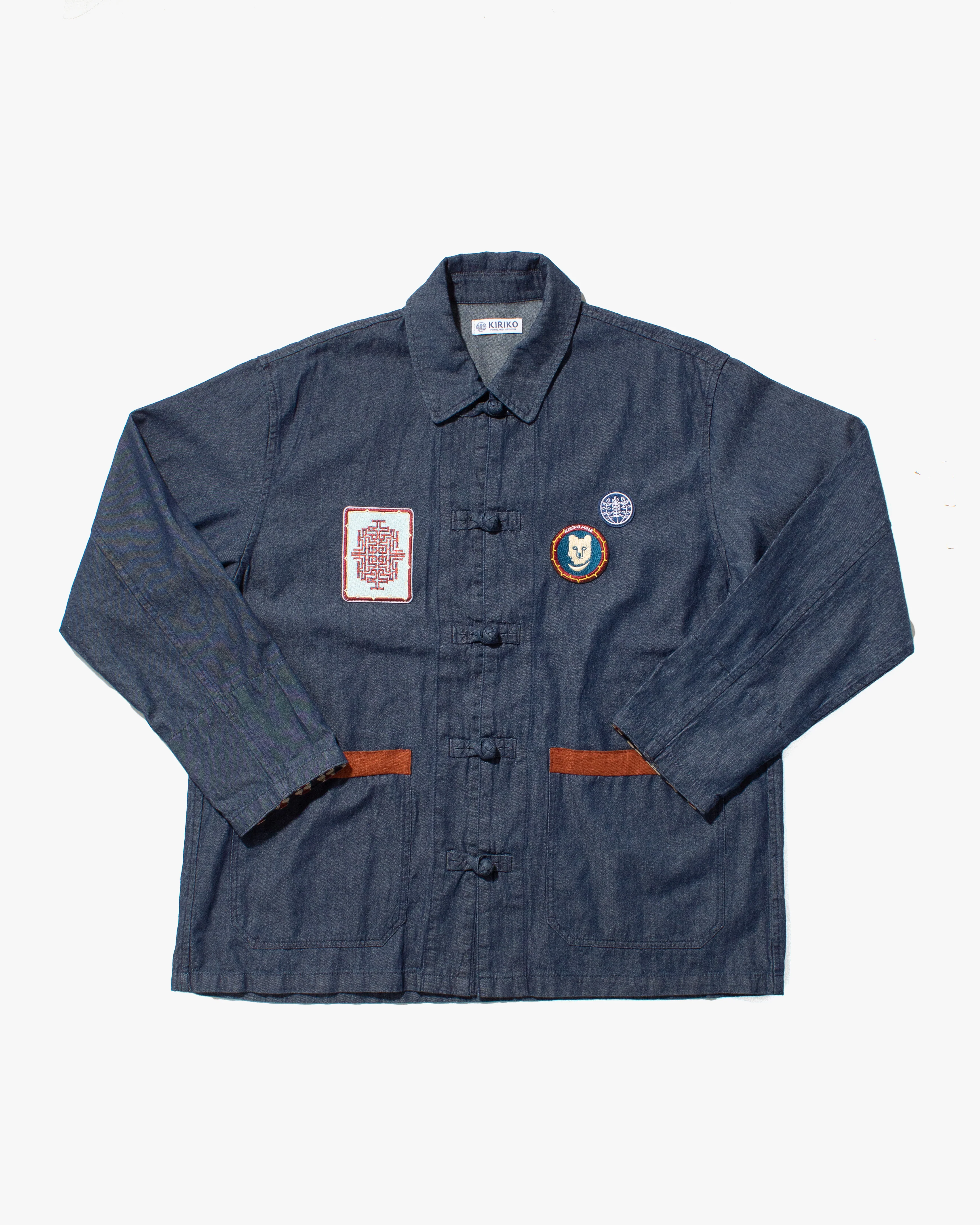 Kiriko Original Lightweight Mandarin Jacket, Dark Indigo Denim with Patches and Uroko - Image 2