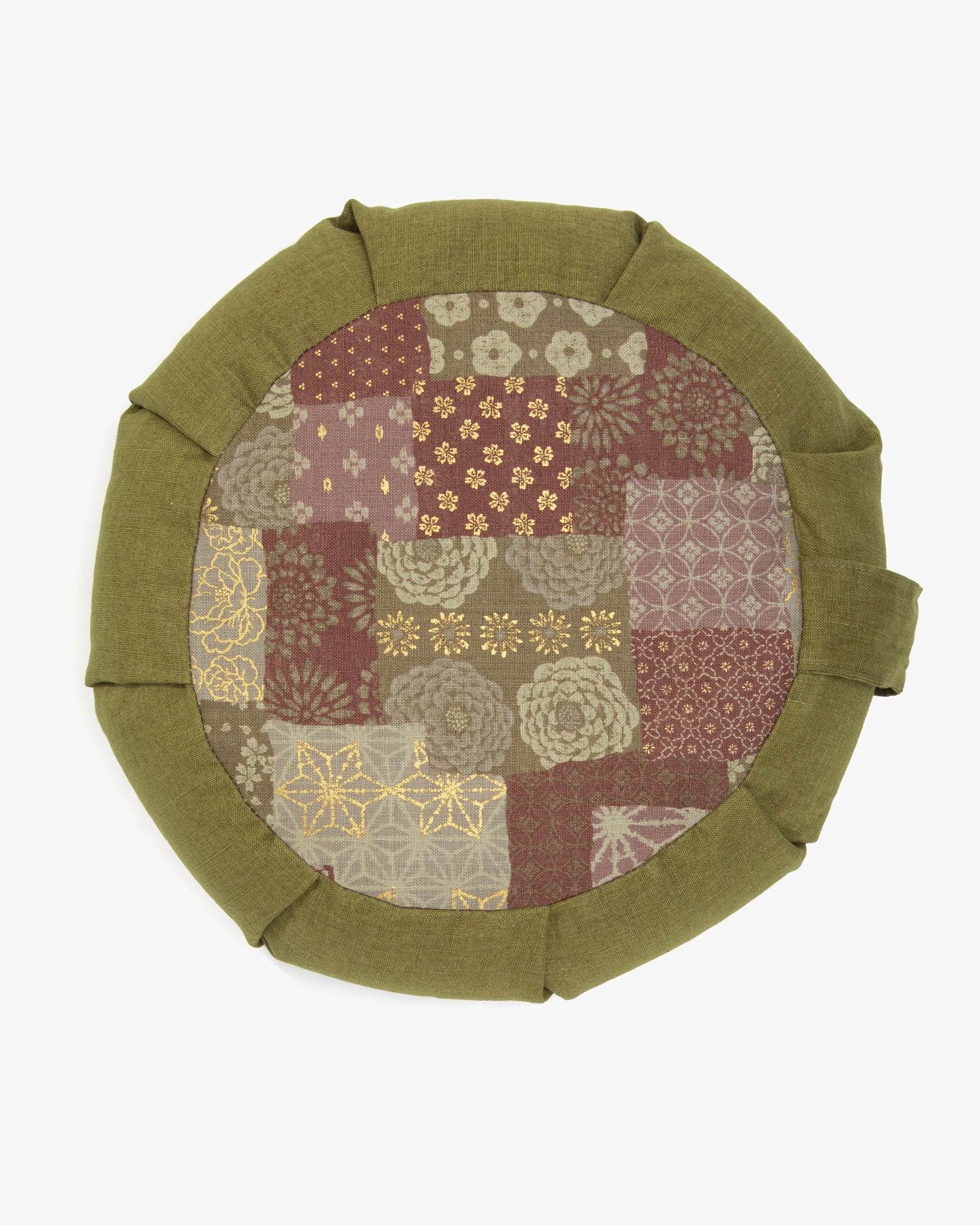 Kiriko Original Meditation Pillow, Two-Tone Zafu, Solid Green and Azuki and Gold