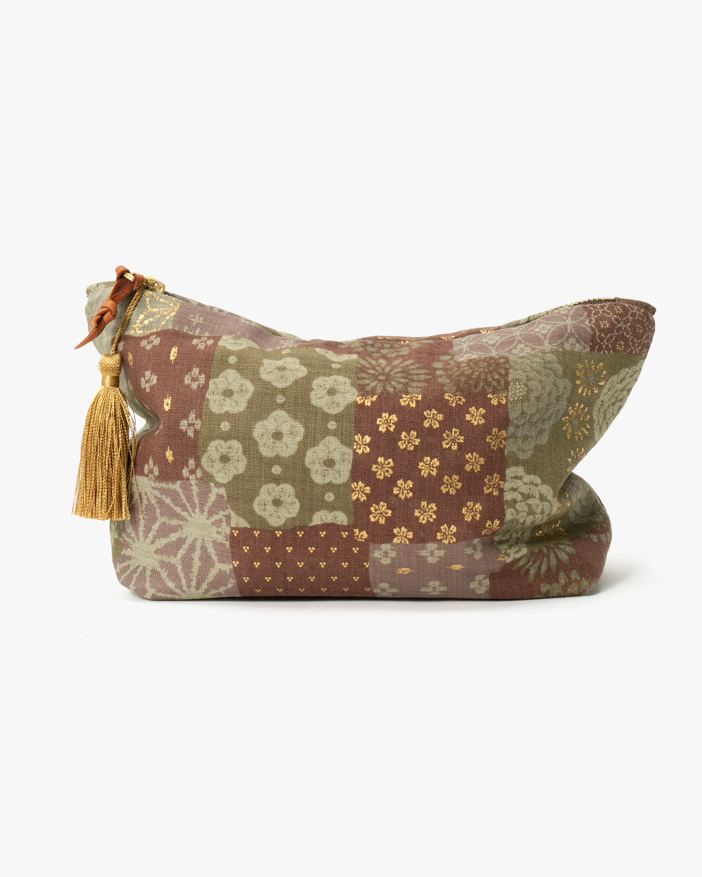 Kiriko Original Stand-Up Pouch, Multi Patchwork, Azuki and Gold with Tassle
