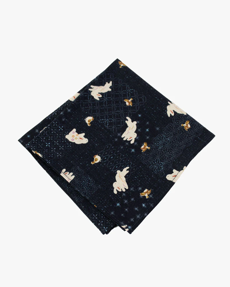 Kiriko Original Pocket Square, Indigo with White Rabbits - Image 2