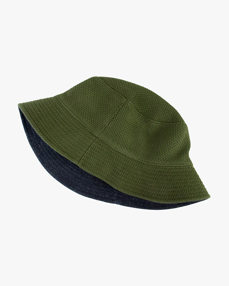 Kiriko Original Bucket Hat, Reversible Green Sashi-ori and Denim - Image 4