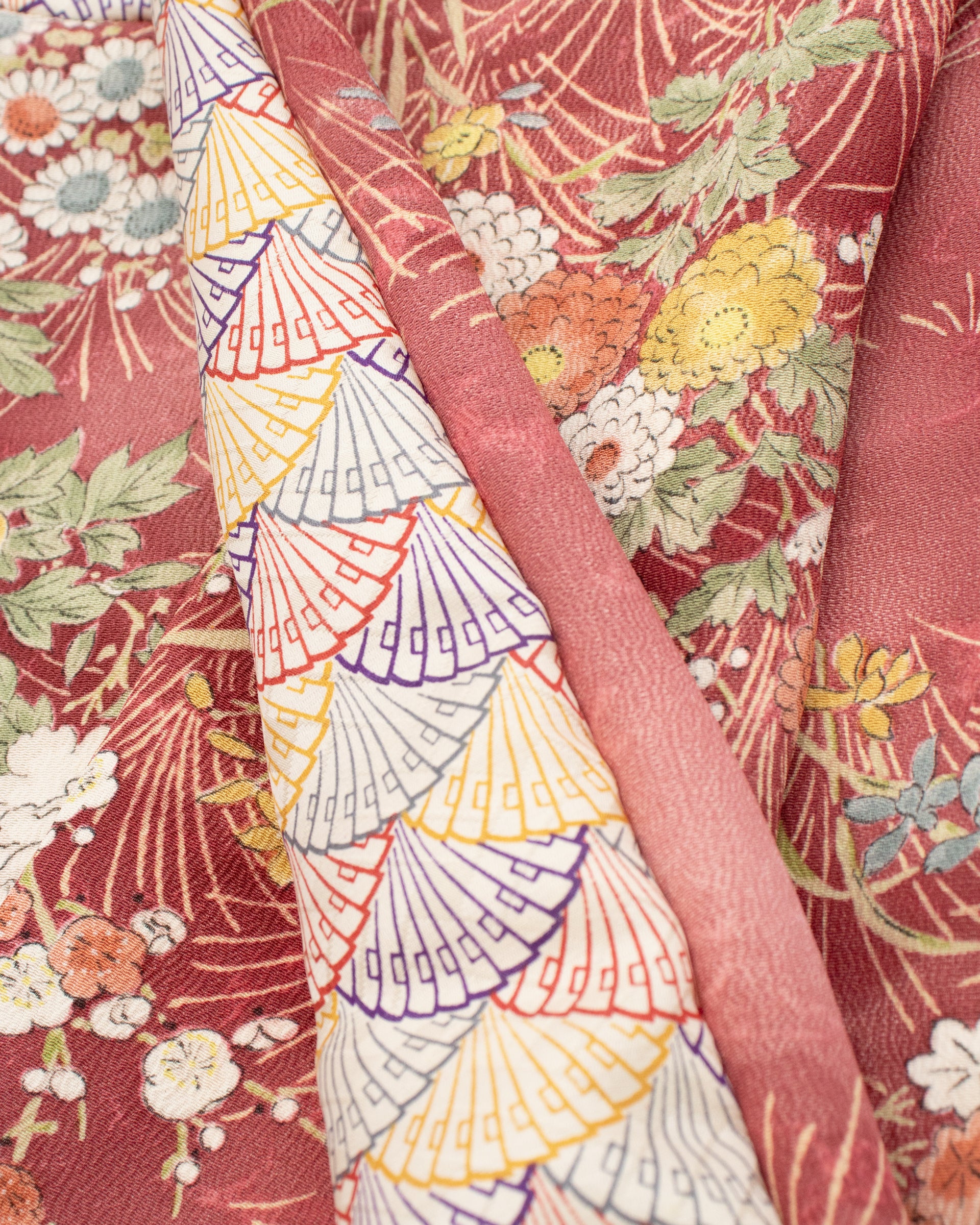 Kiriko Original Scarf, Infinity, Kimono, Deep Pink Floral and Multicolor Uchiwa - Image 5