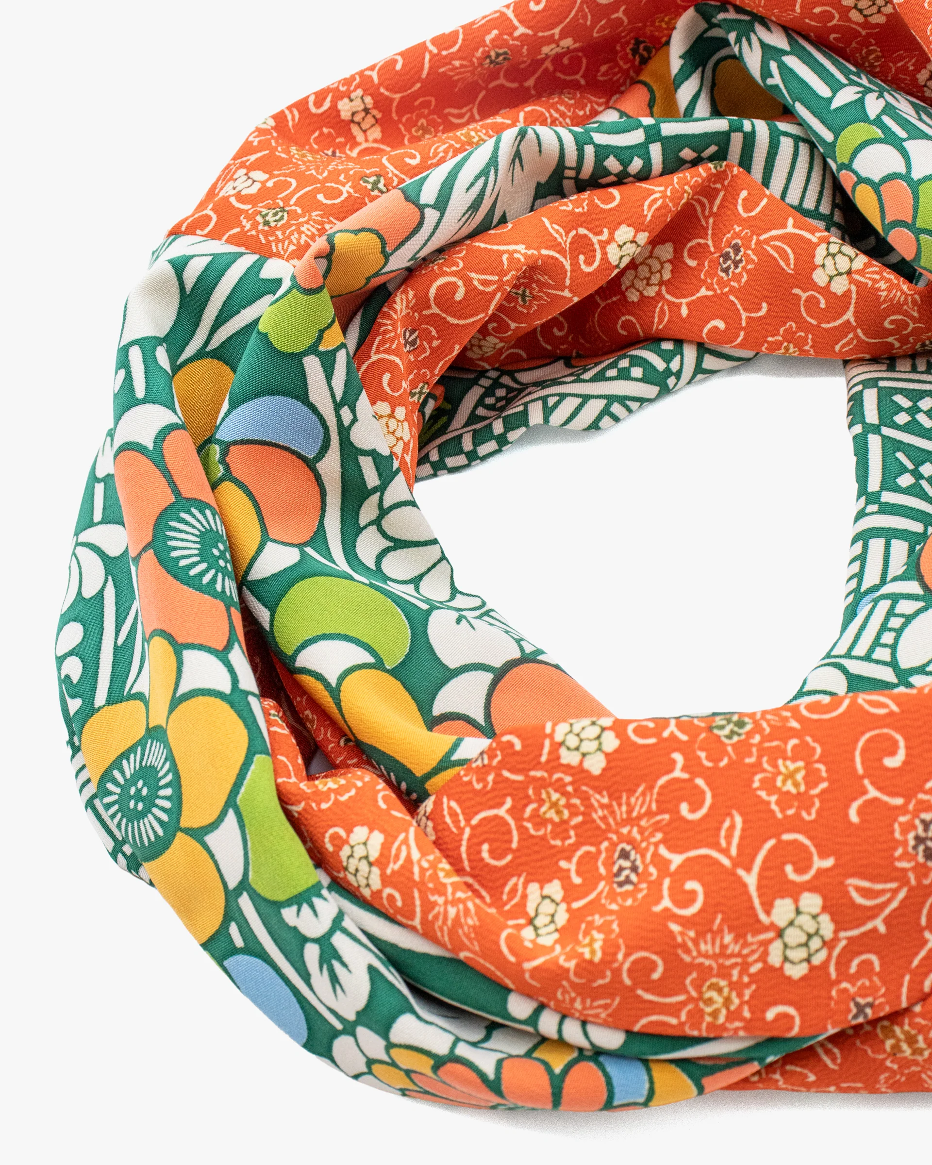 Kiriko Original Scarf, Infinity, Kimono, Orange and Green Floral with Multicolor Accents - Image 2