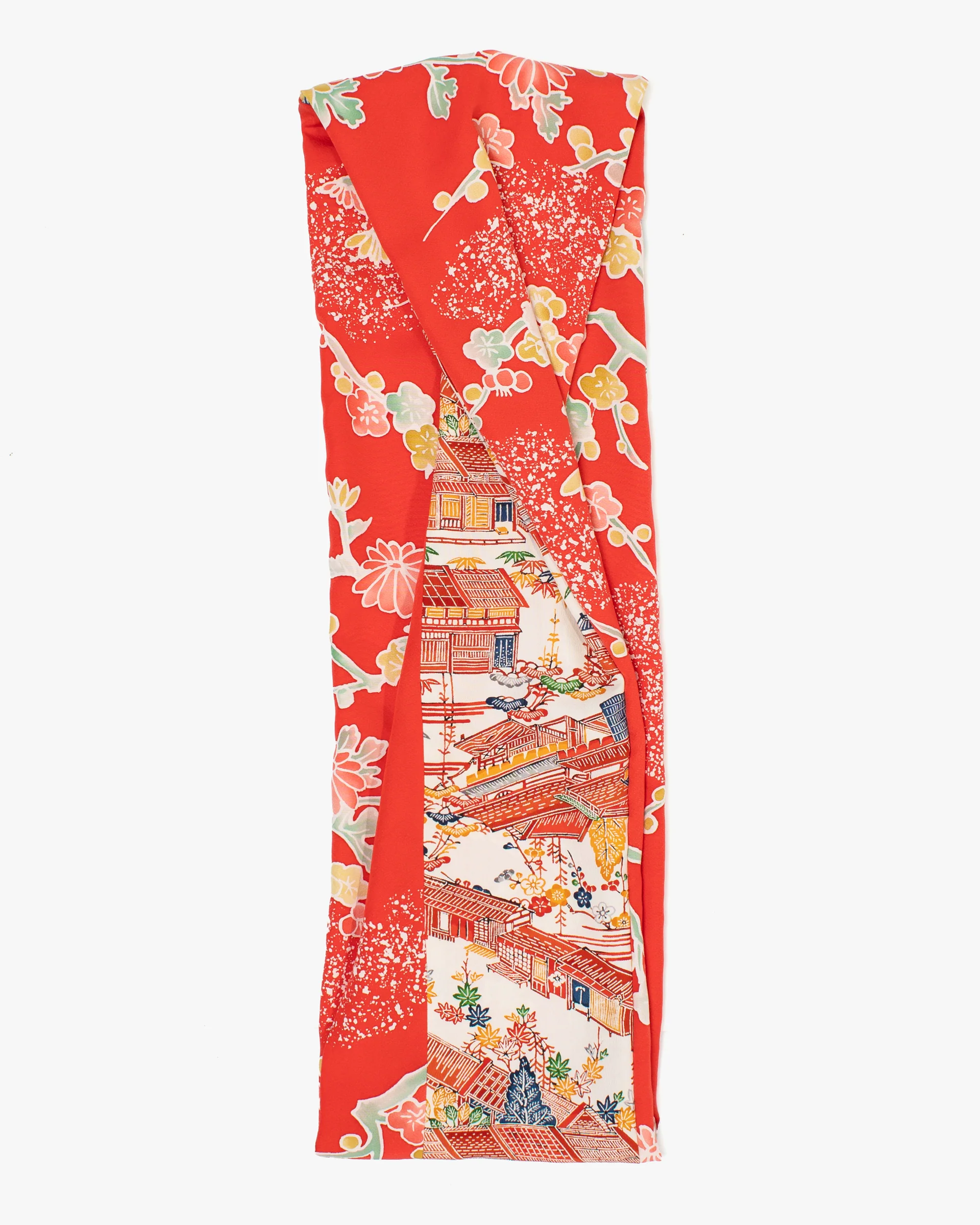 Kiriko Original Scarf, Infinity, Kimono, Red Floral and Multicolor Scenery - Image 4