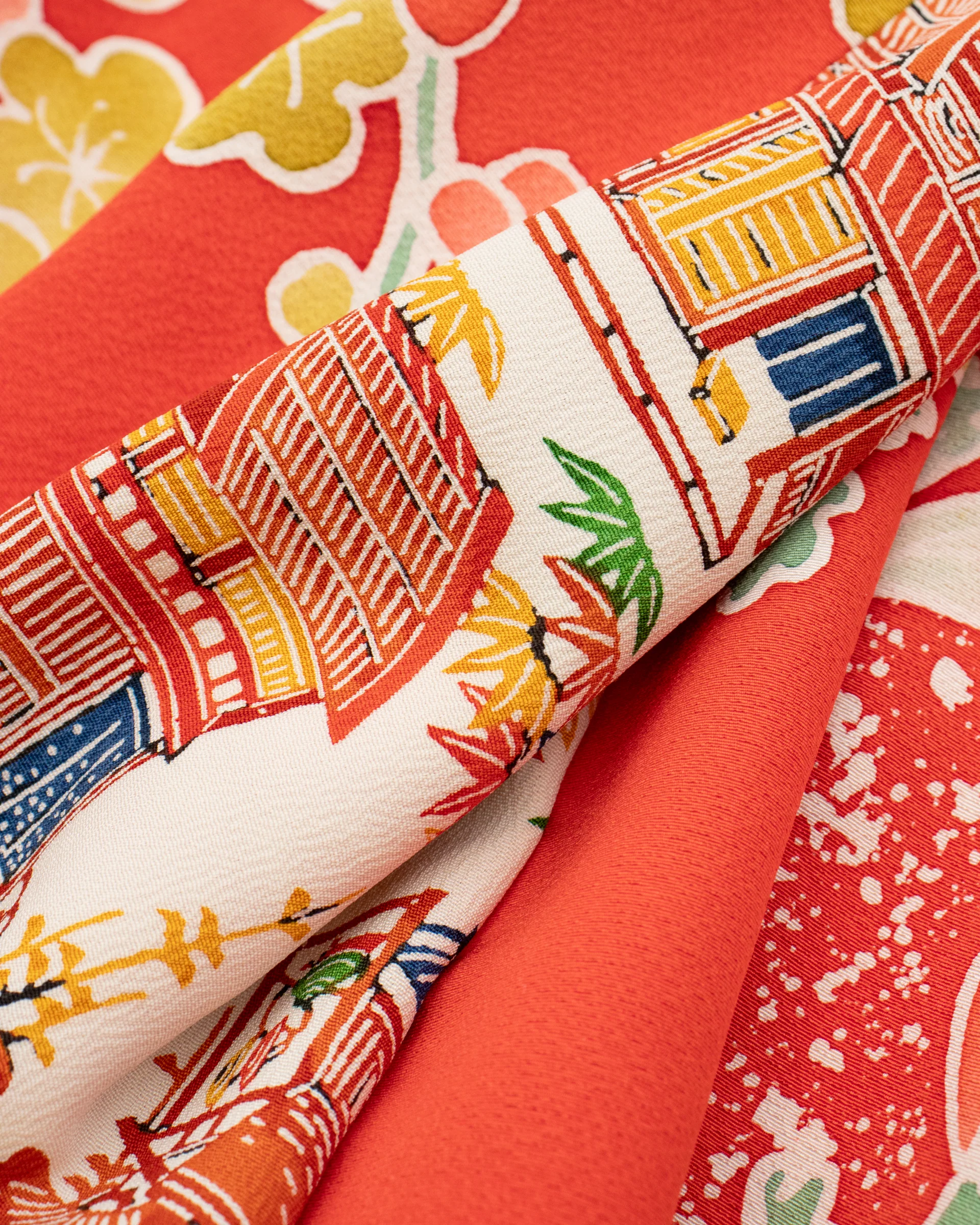 Kiriko Original Scarf, Infinity, Kimono, Red Floral and Multicolor Scenery - Image 6
