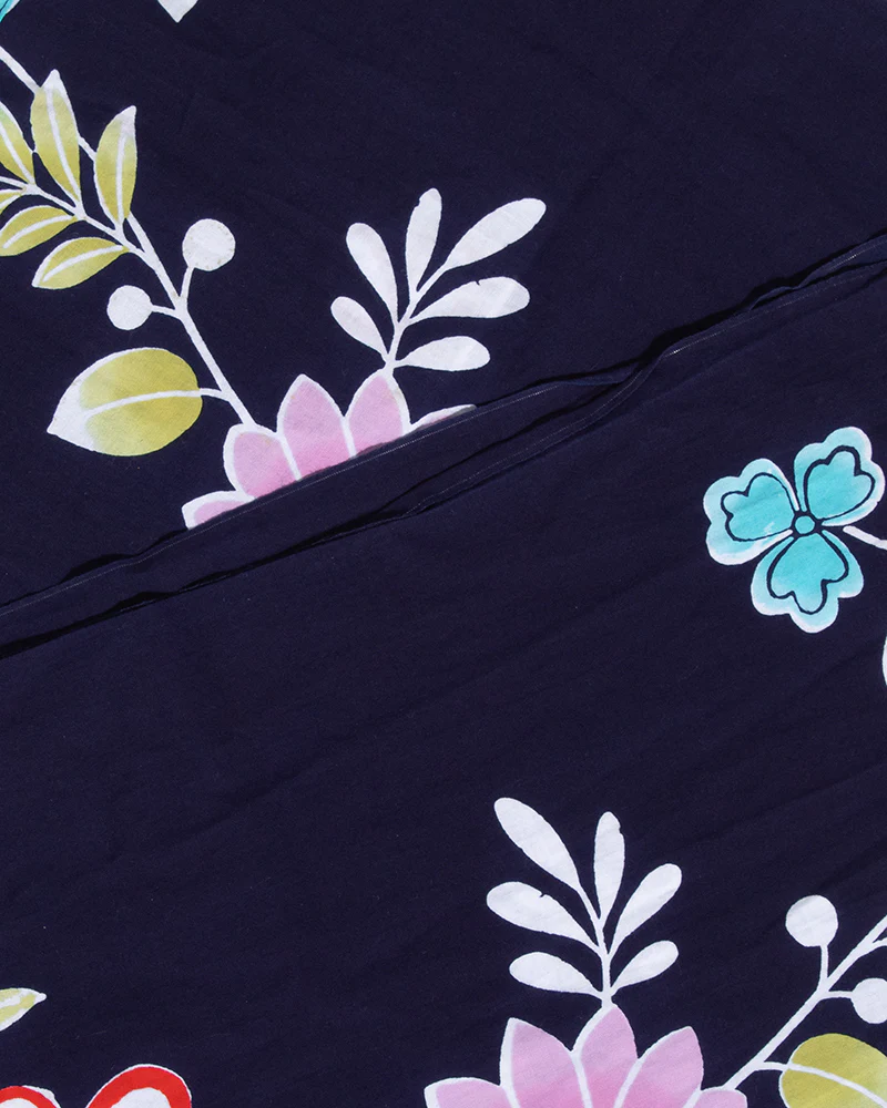 Kiriko Original Scarf, Kiji, Yukata, Navy Five Pink and Blue Flowers - Image 2