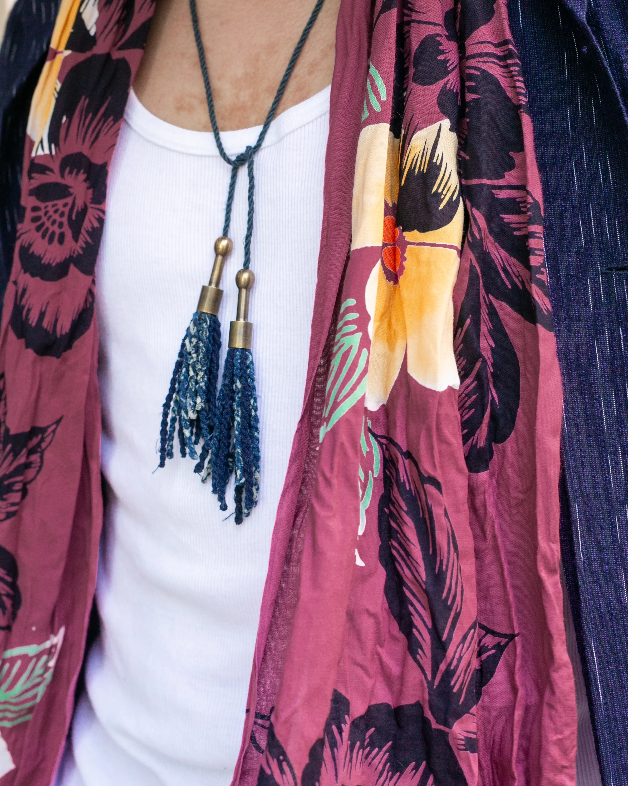 Kiriko Original Scarf, Kiji, Yukata, Shima Magenta with Light Orange and Black Flowers - Image 2