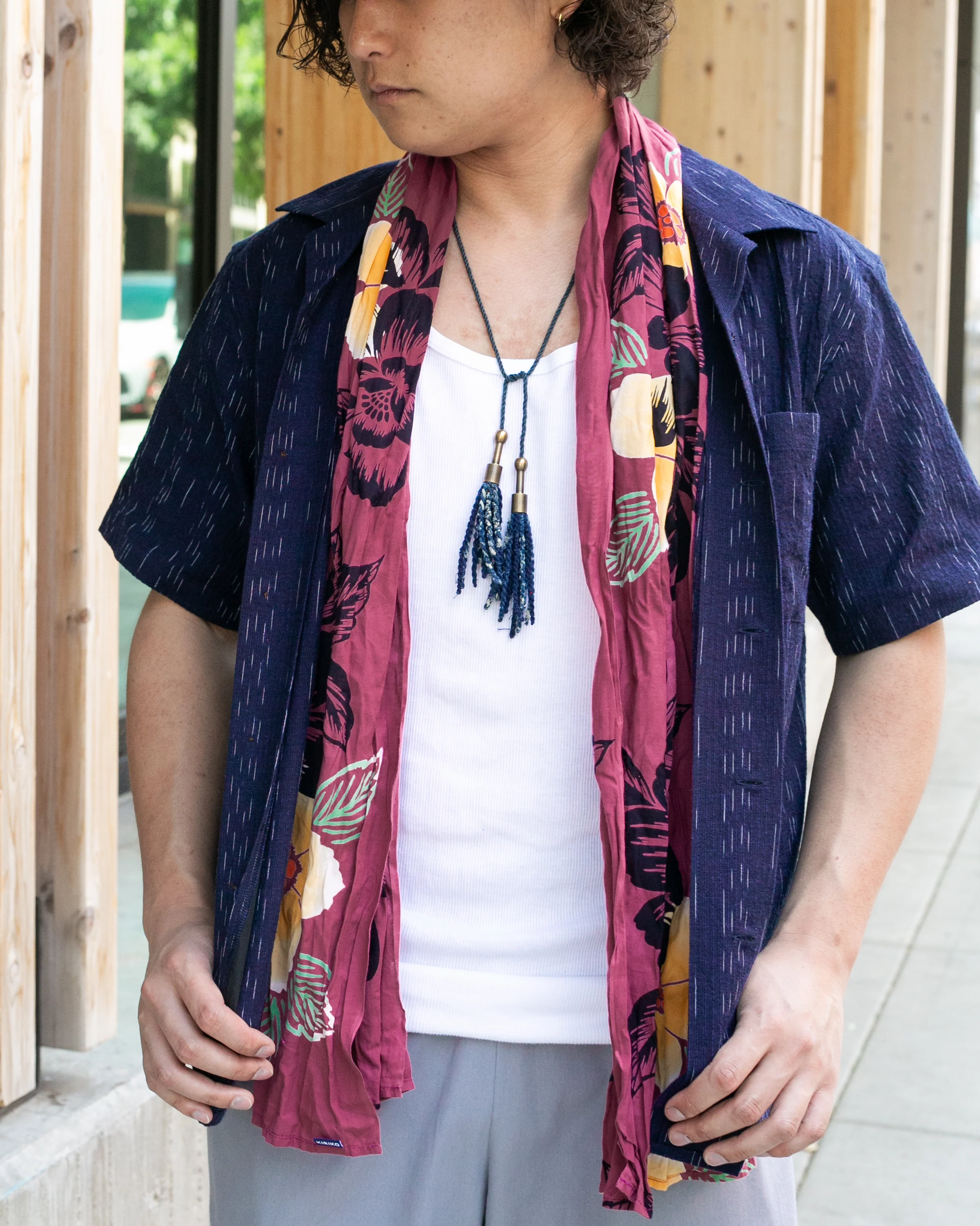 Kiriko Original Scarf, Kiji, Yukata, Shima Magenta with Light Orange and Black Flowers - Image 7
