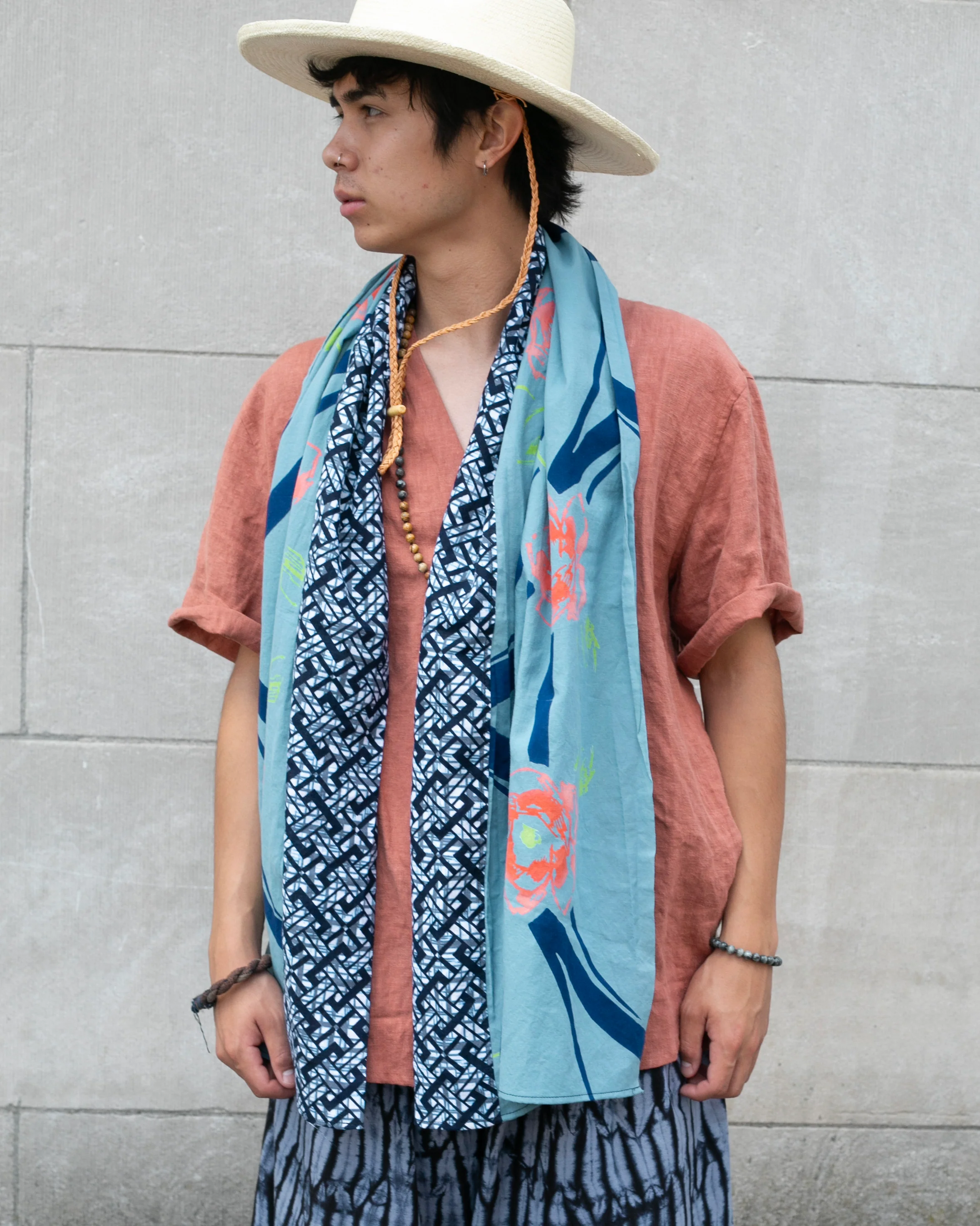 Kiriko Original Scarf, Split Yukata, Wide, Faded Teal with Pink and Green Abstract Flowers