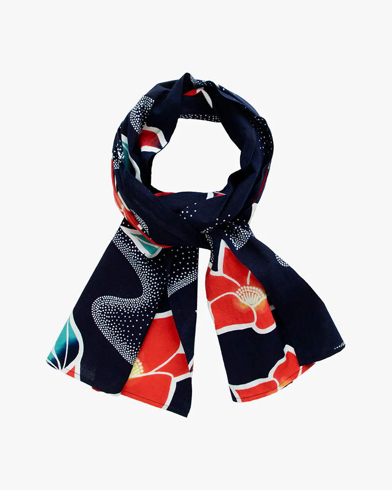 Kiriko Original Scarf, Yukata, Dark Navy with Red Hydrangeas and Dotted Waves - Image 3