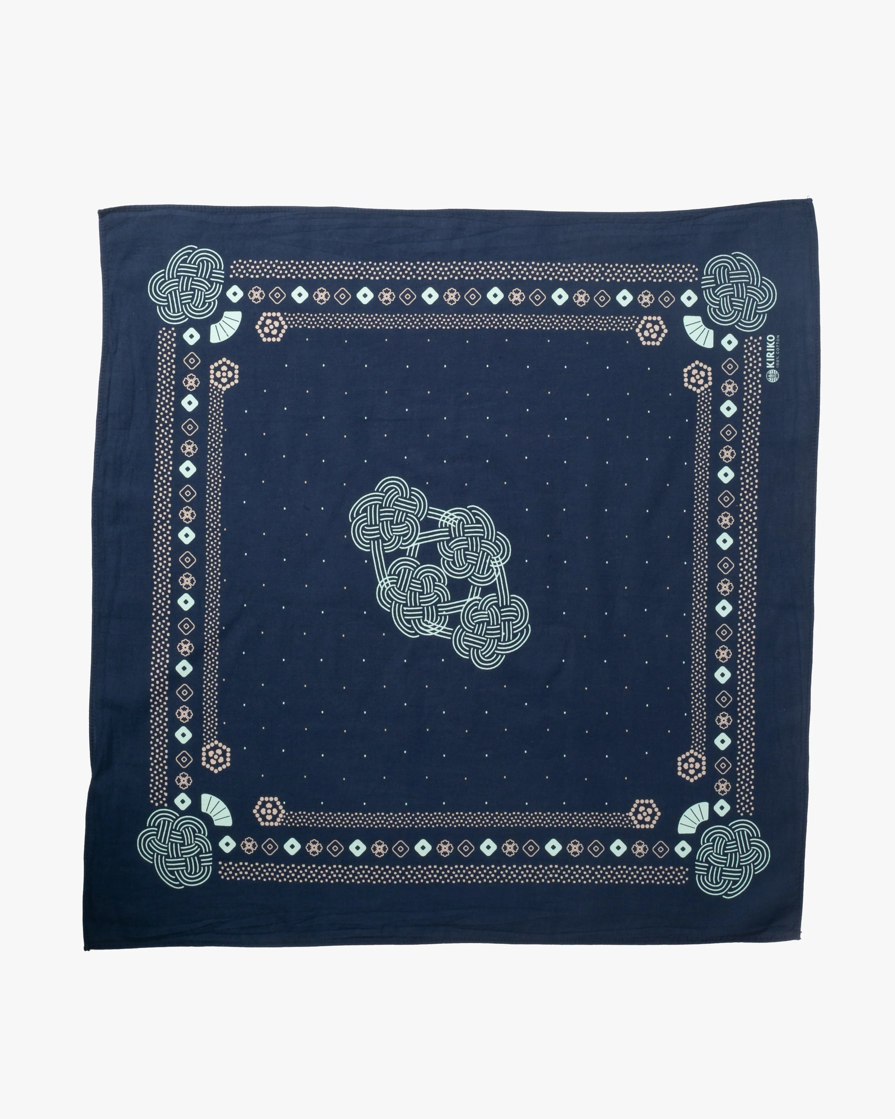Kiriko Original Screen Printed, Custom-Dyed Bandana, Mizuhiki - Navy - Image 2