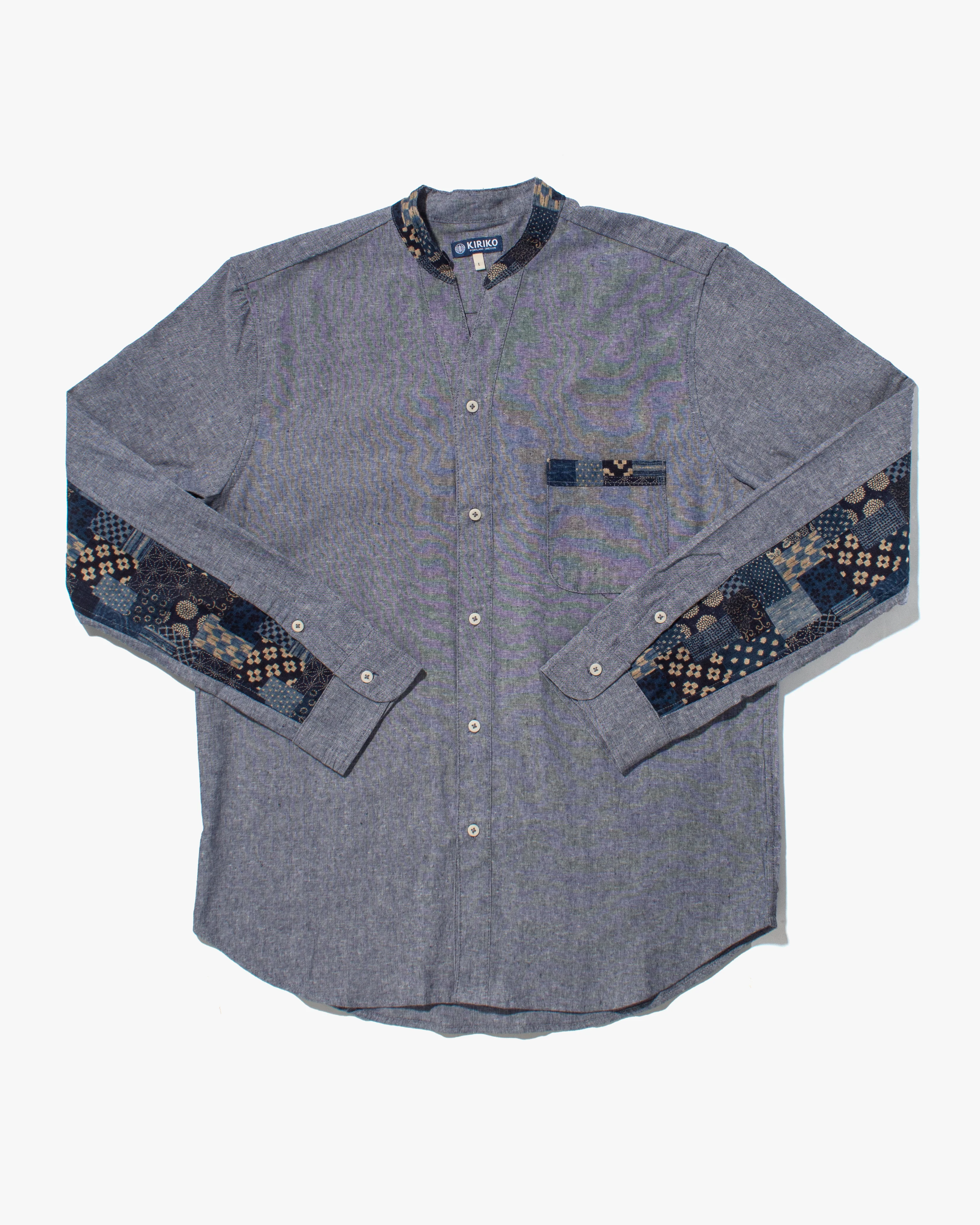Kiriko Original Shirt, Long Sleeve Button-Up, Oversized Mandarin Collar, Indigo Chambray with Indigo Patchwork Style - Image 7