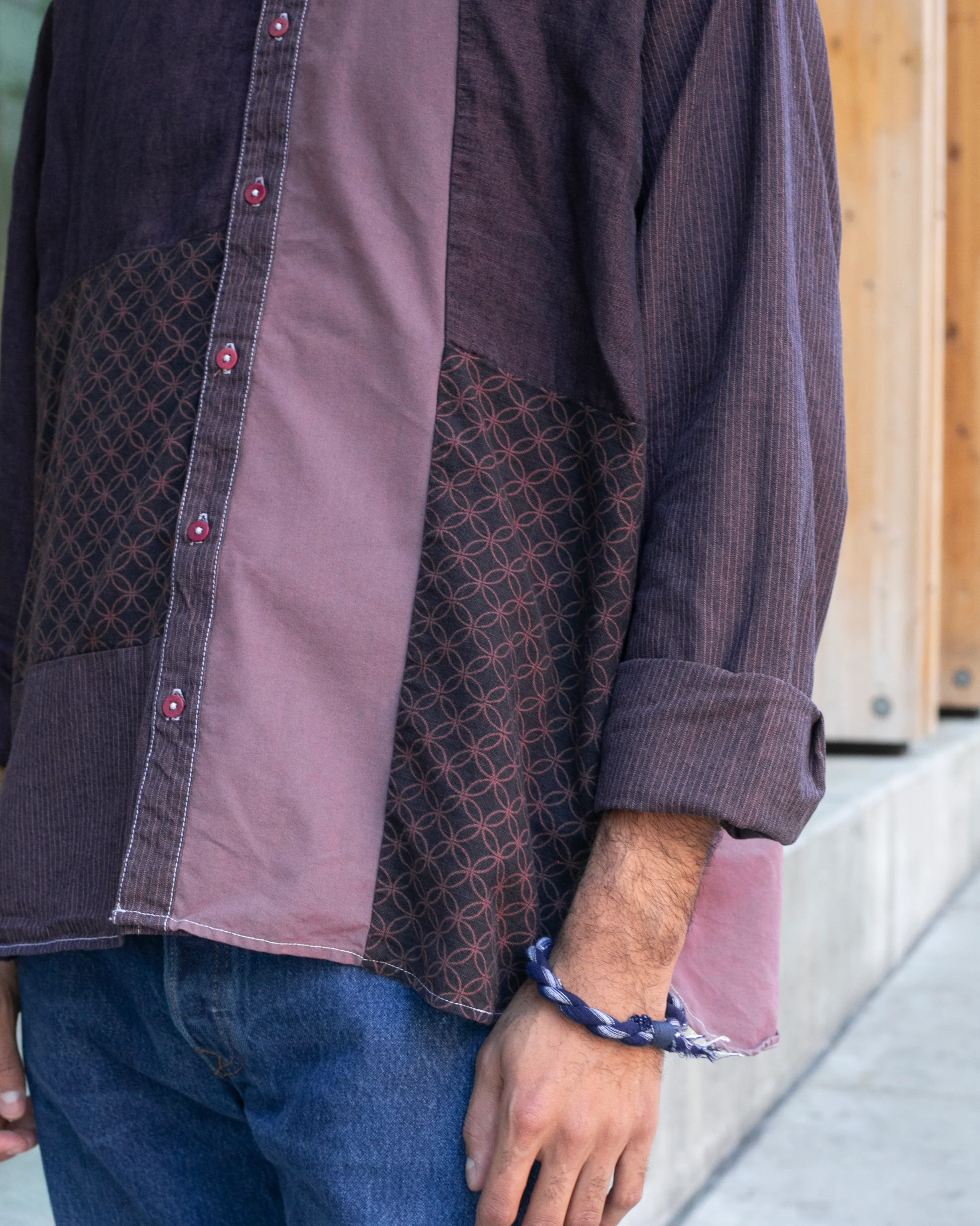 Kiriko Original Shirt, Long Sleeve Button-Up, Mandarin Collar, Purple Chambray with Indigo Patchwork Style, One Wash - Image 2