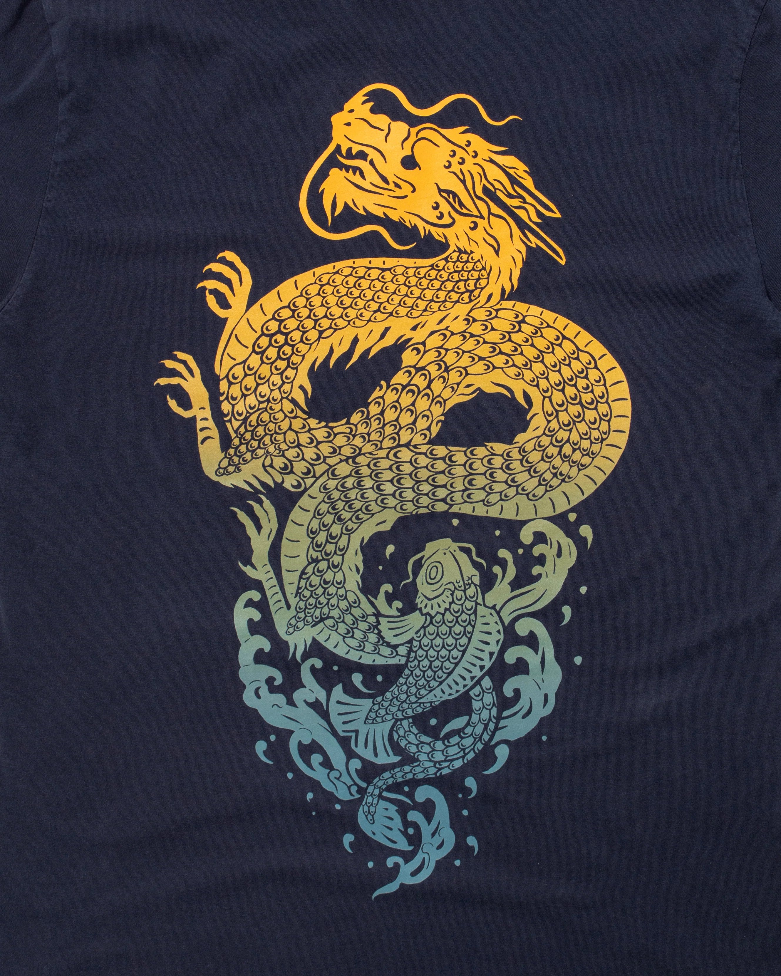 Kiriko Original Tee, 6 oz Cotton, Navy with Yellow Gradient Koi-Dragon - Image 10