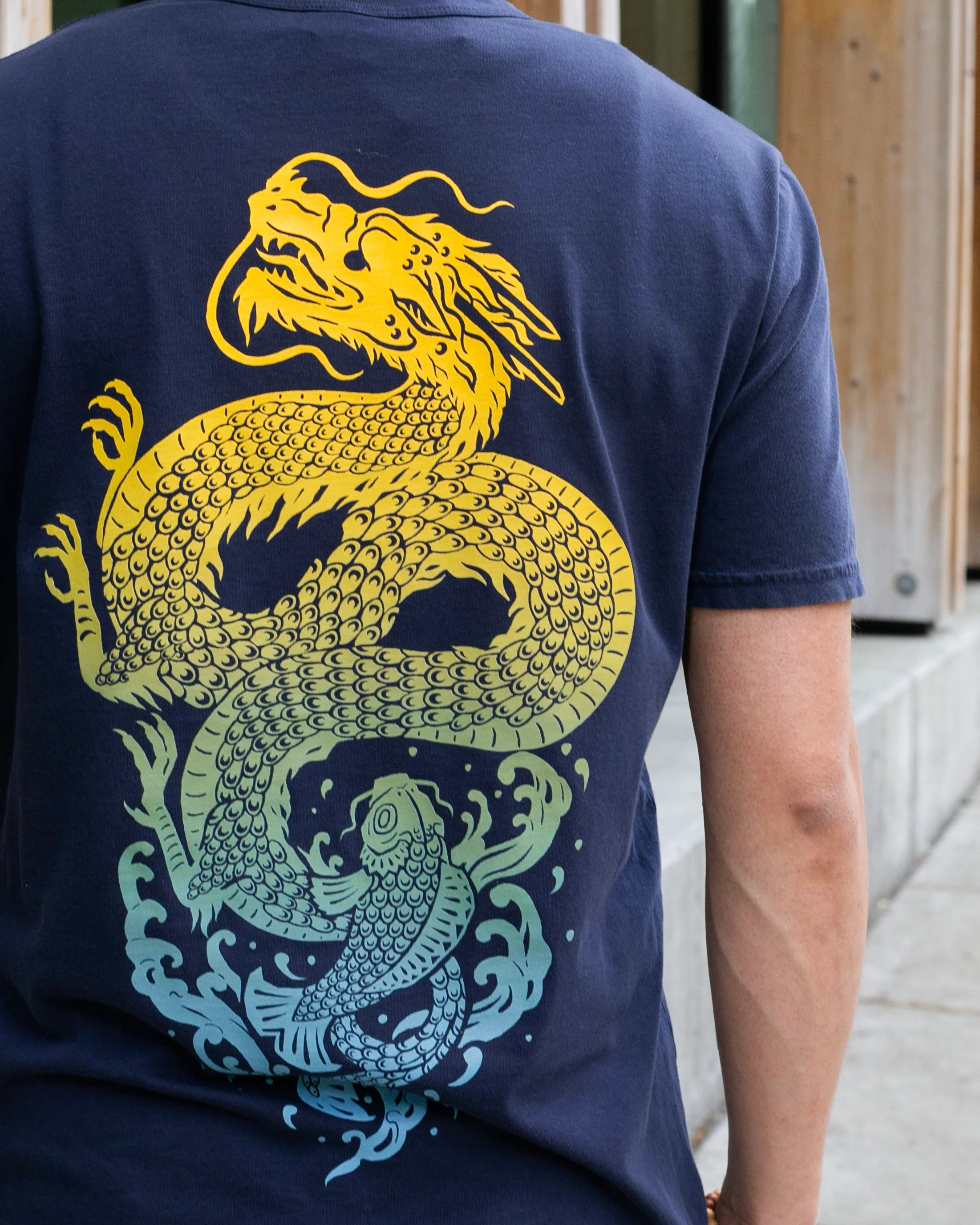 Kiriko Original Tee, 6 oz Cotton, Navy with Yellow Gradient Koi-Dragon - Image 5