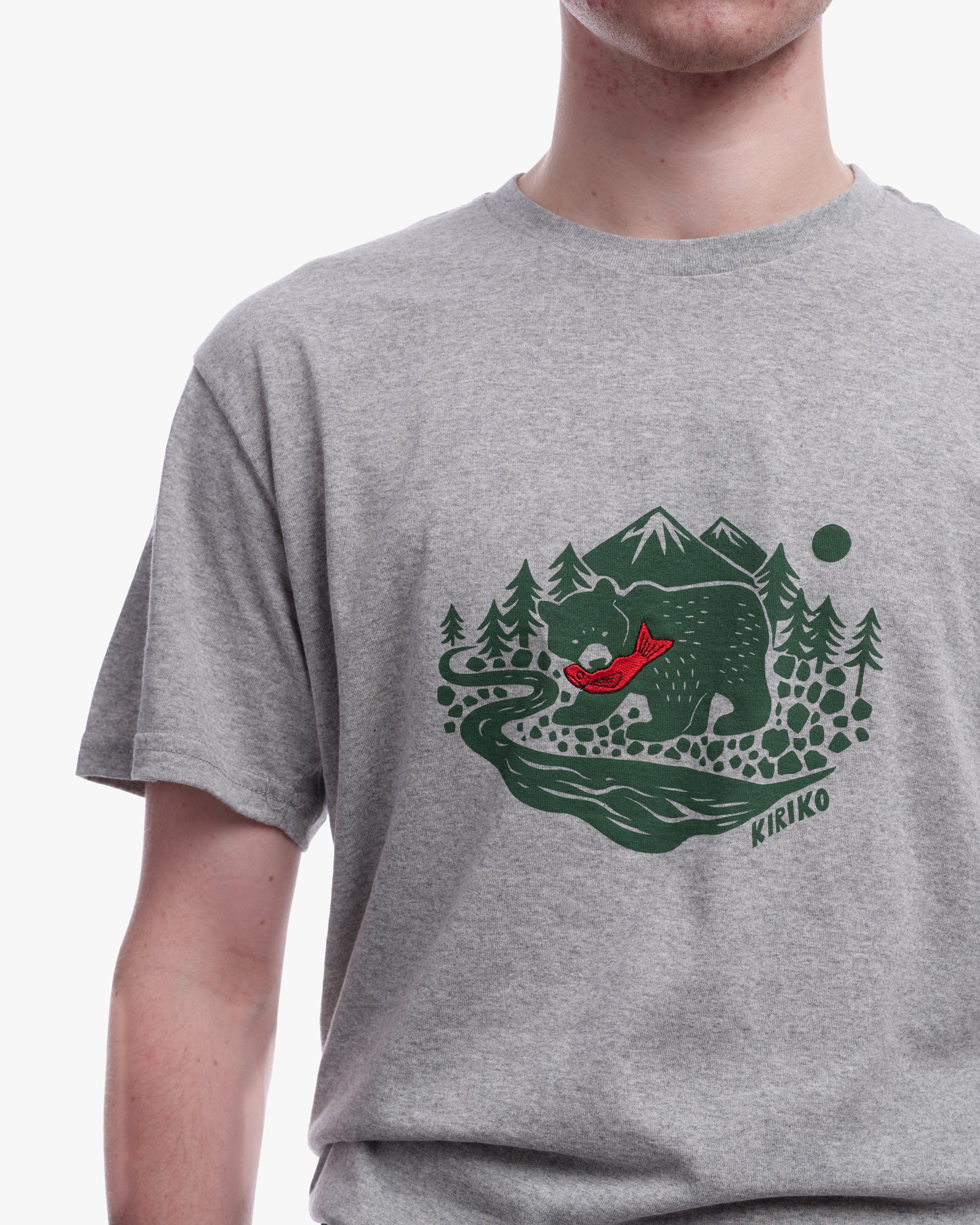 Kiriko Original Tee, 4 oz. US Made, Kuma with Embroidered Fish, Grey
