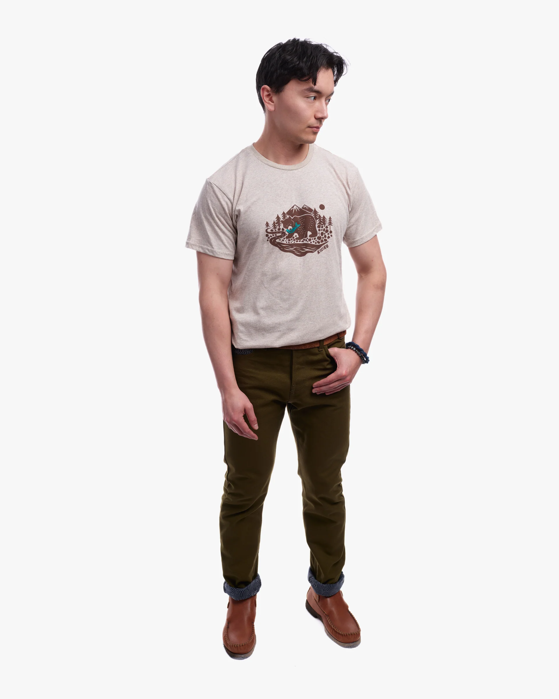 Kiriko Original Tee, 4 oz. US Made, Kuma with Embroidered Fish, Oatmeal - Image 4