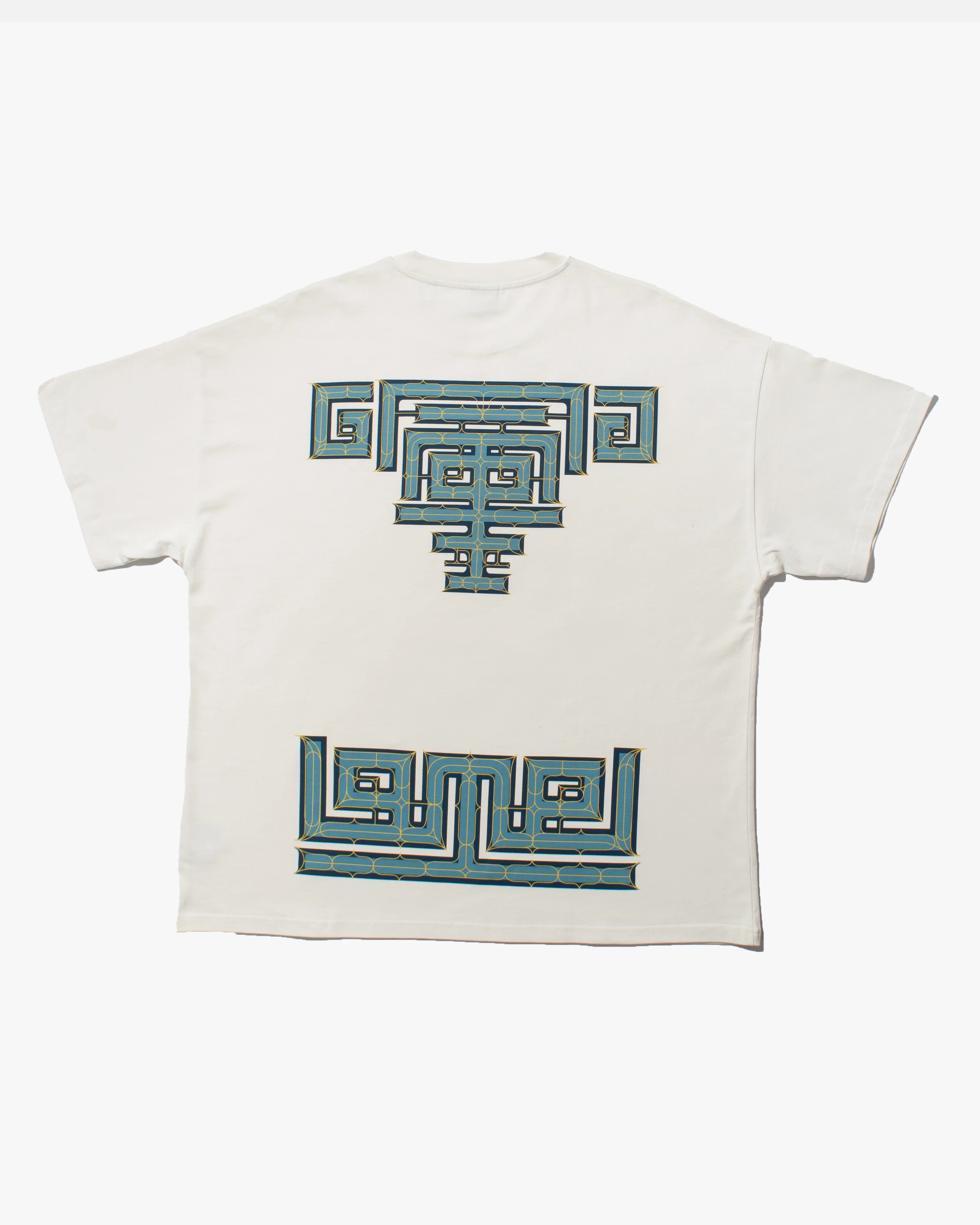 Kiriko Original Ainu Tee, Cream with Indigo, Sky Blue and Gold - Image 5