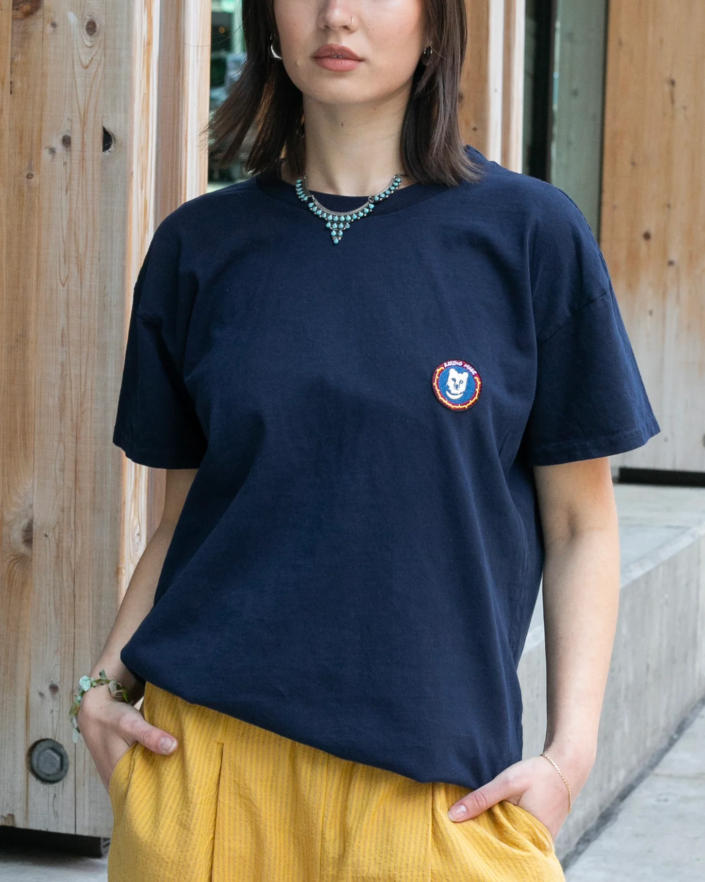 Kiriko Original Tee, 8 oz Cotton, Navy with Pink Jacquard Weave Inlay - Image 2