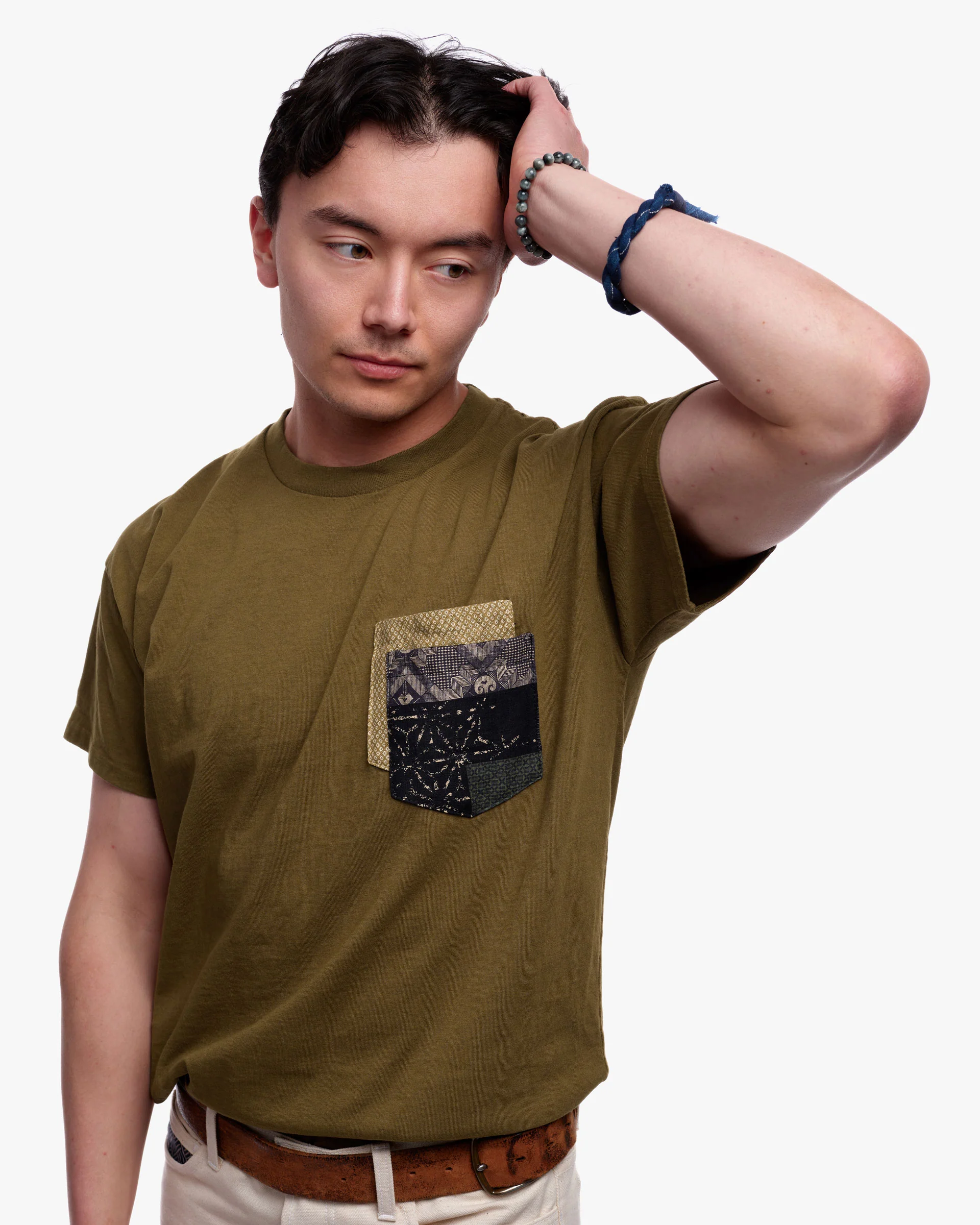 Kiriko Original Tee, 8 oz. US Made, Double Pocket Tee, Green, Yellow Shibori and Indigo Patchwork Style - Image 2