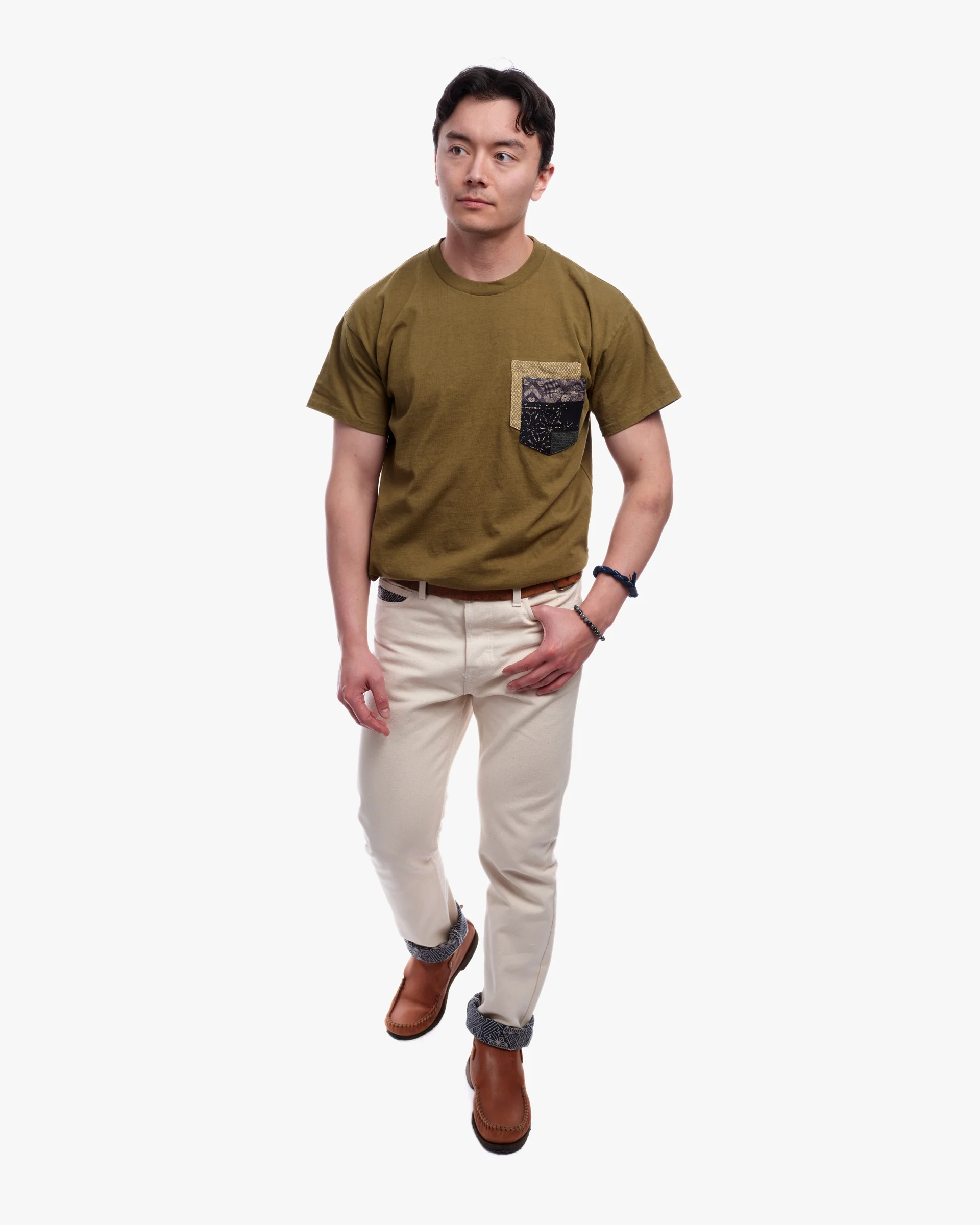 Kiriko Original Tee, 8 oz. US Made, Double Pocket Tee, Green, Yellow Shibori and Indigo Patchwork Style - Image 4