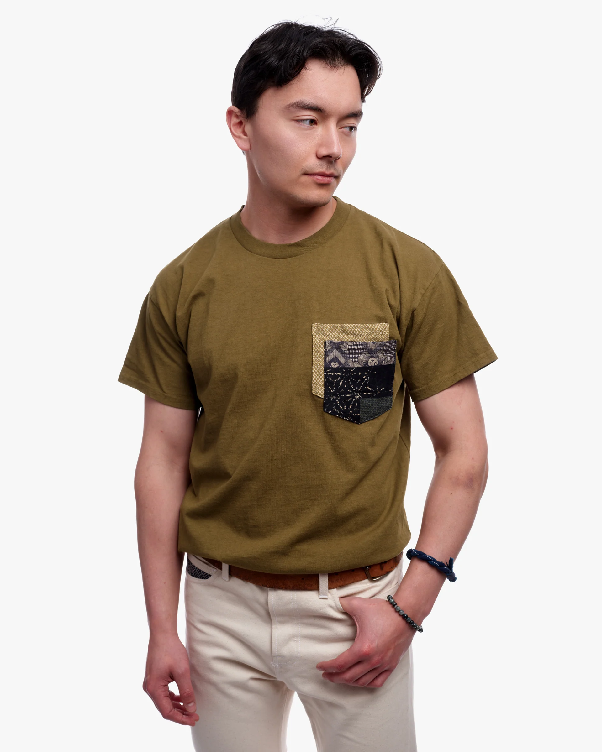 Kiriko Original Tee, 8 oz. US Made, Double Pocket Tee, Green, Yellow Shibori and Indigo Patchwork Style - Image 5