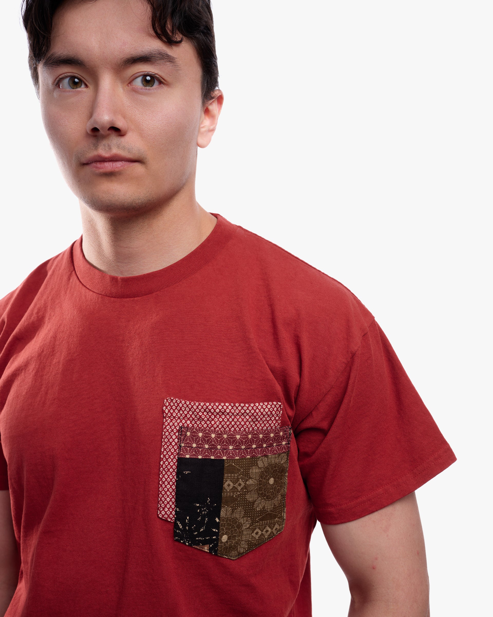 Kiriko Original Tee, 8 oz. US Made, Double Pocket Tee, Orange Red, Red Shibori and Brown Patchwork Style - Image 2