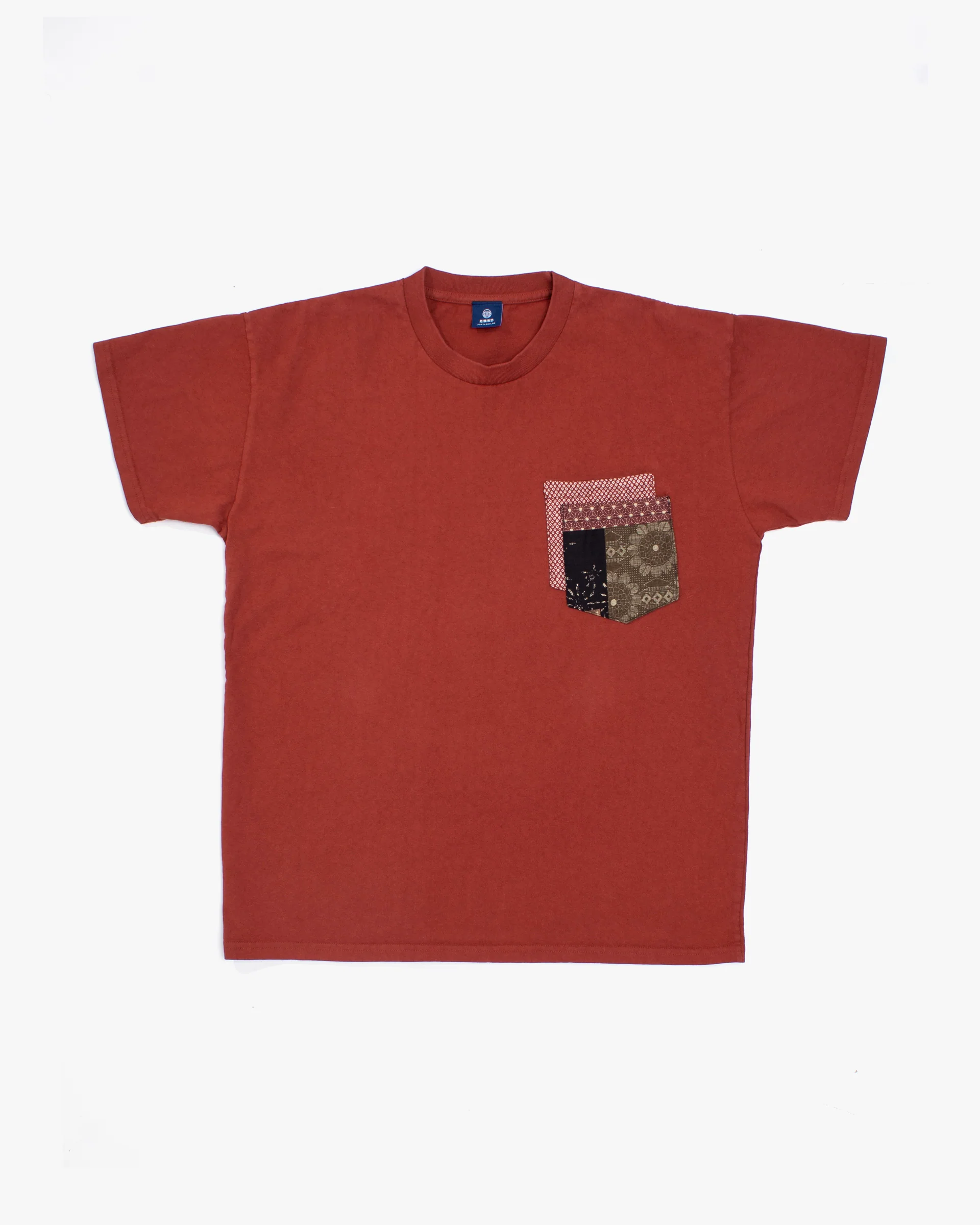 Kiriko Original Tee, 8 oz. US Made, Double Pocket Tee, Orange Red, Red Shibori and Brown Patchwork Style - Image 6