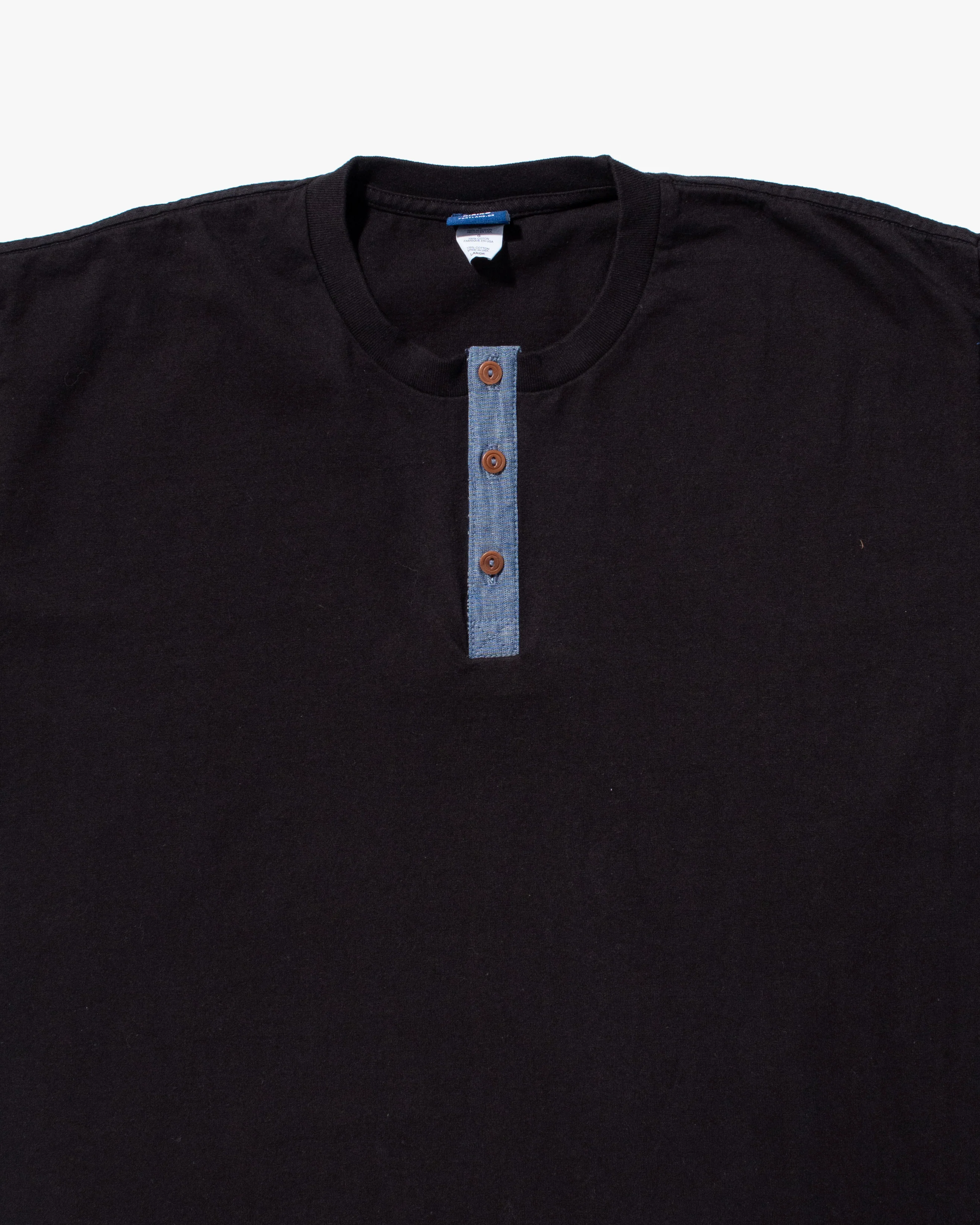Kiriko Original Tee, 8oz Cotton, Henley Tee, Black with Chambray, Indigo Small Multi - Image 3