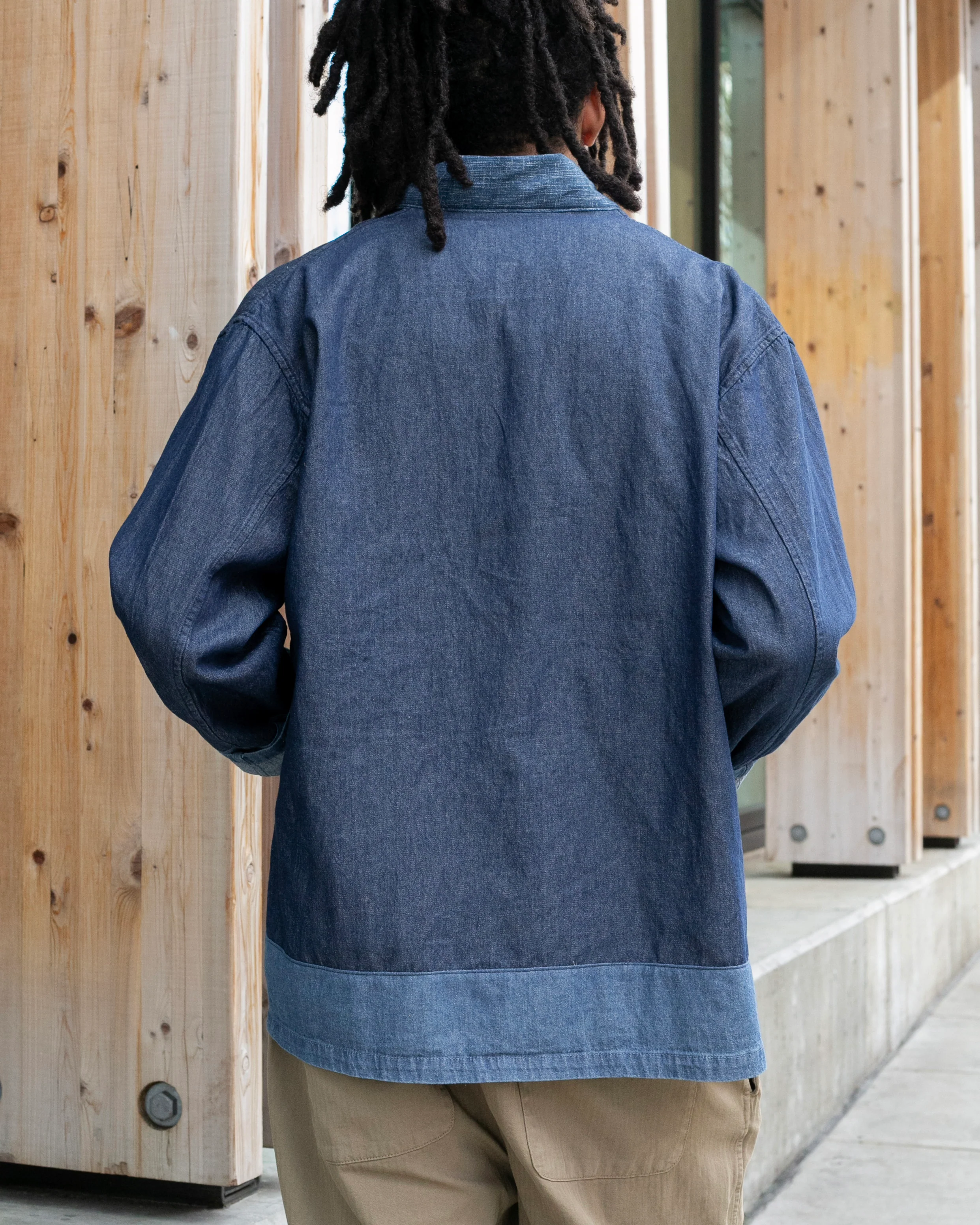 Kiriko Original Two Tone Denim Jacket, Mandarin Style, Dark Indigo with Light Indigo - Image 4