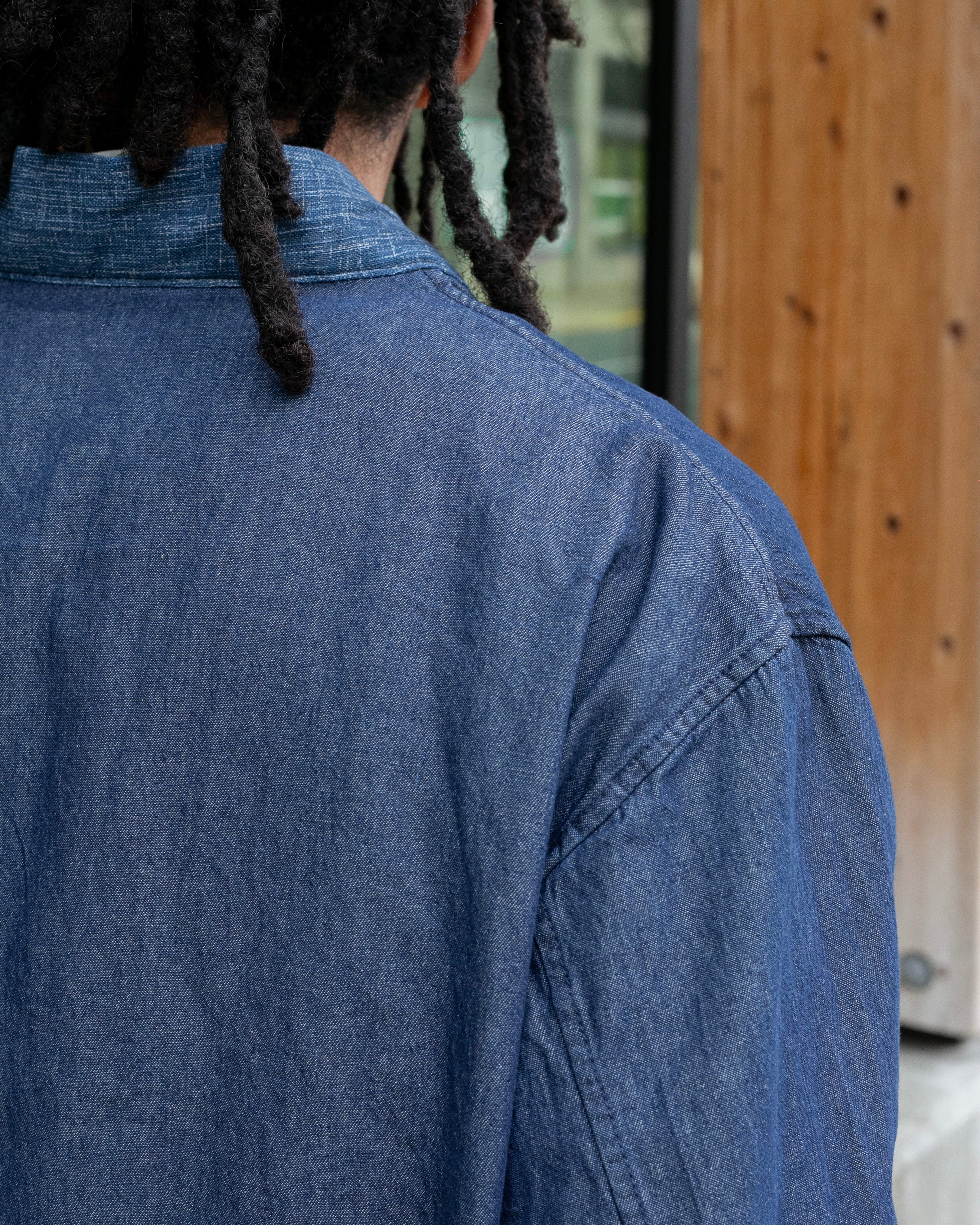 Kiriko Original Two Tone Denim Jacket, Mandarin Style, Dark Indigo with Light Indigo - Image 5