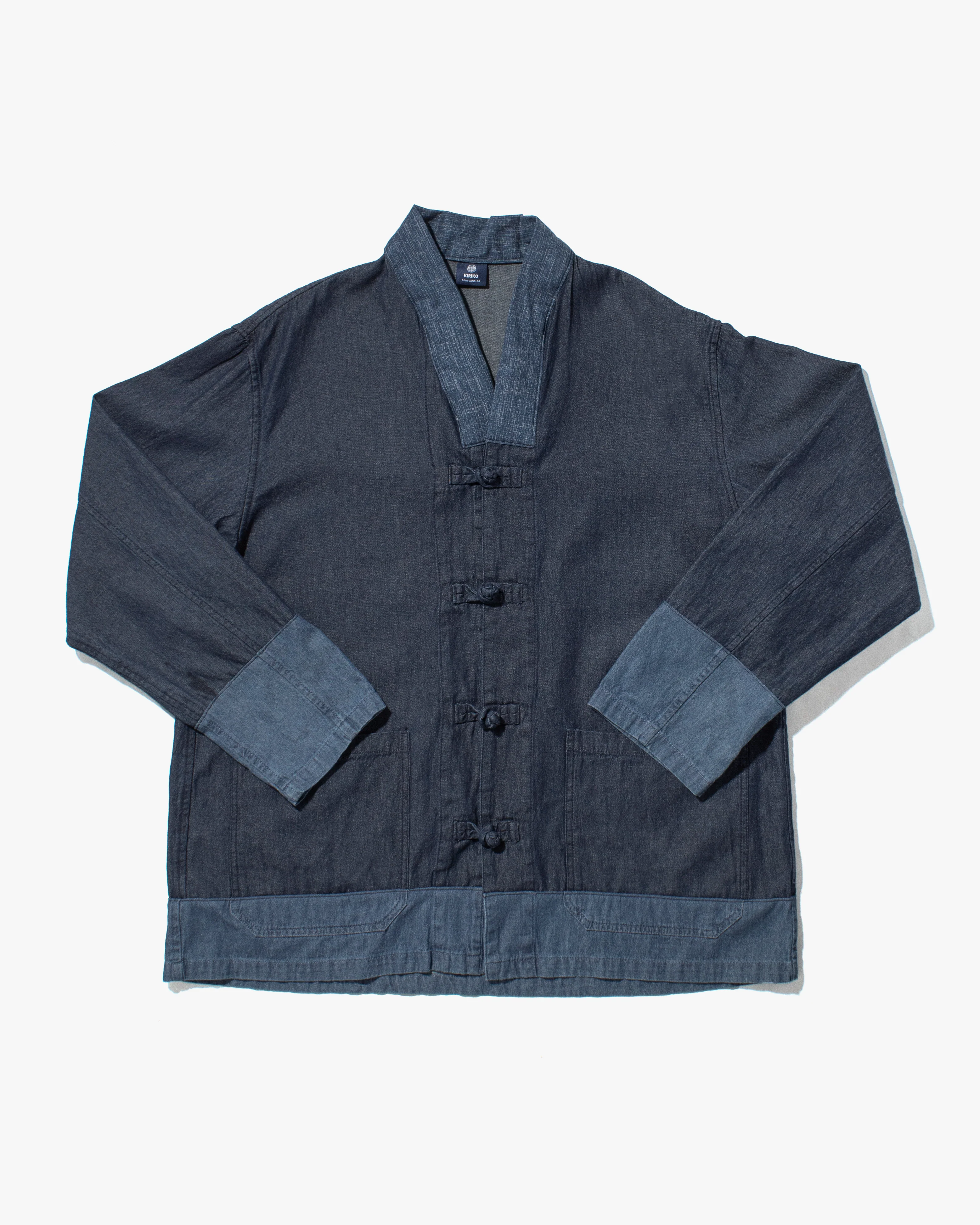 Kiriko Original Two Tone Denim Jacket, Mandarin Style, Dark Indigo with Light Indigo - Image 8