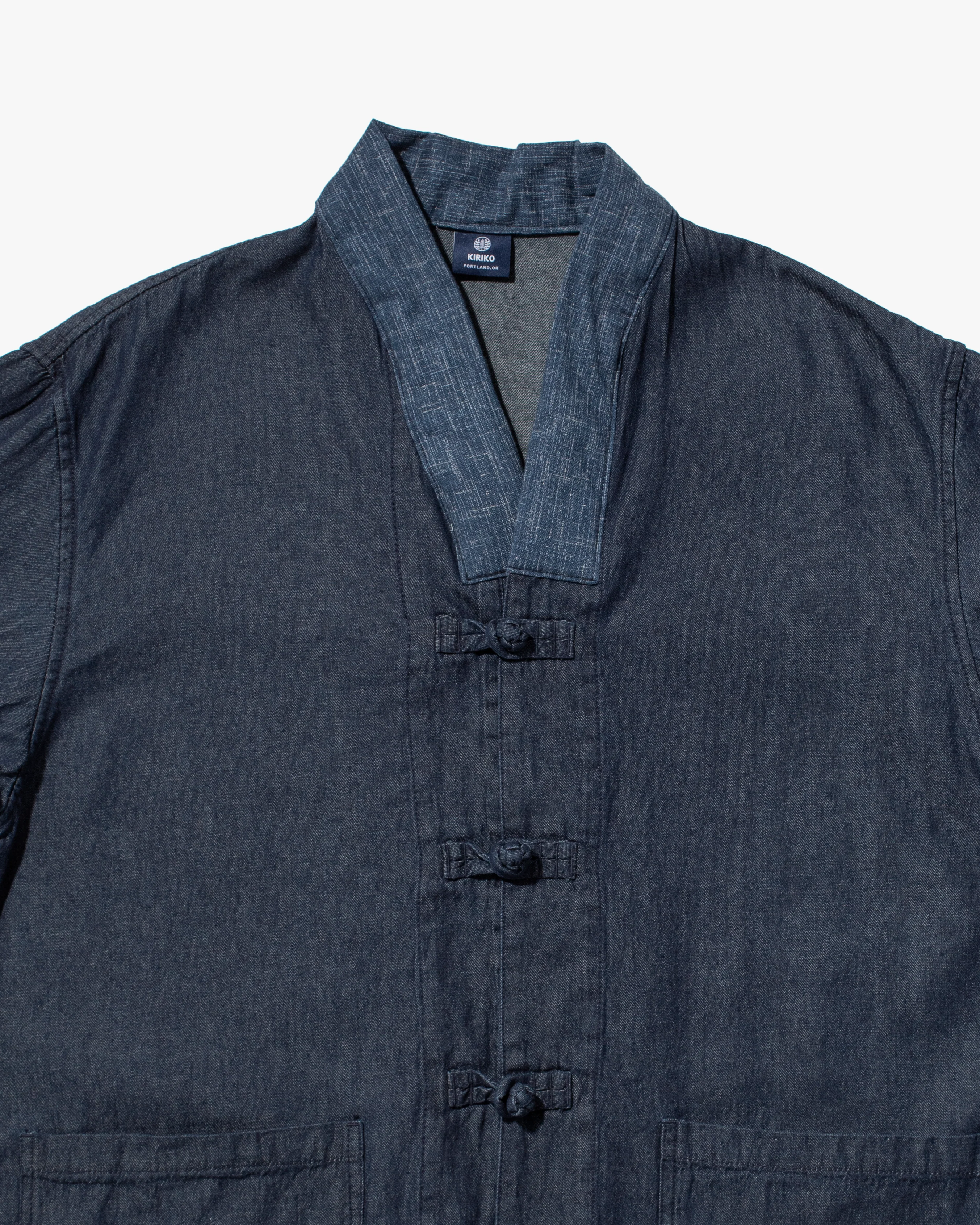 Kiriko Original Two Tone Denim Jacket, Mandarin Style, Dark Indigo with Light Indigo - Image 9
