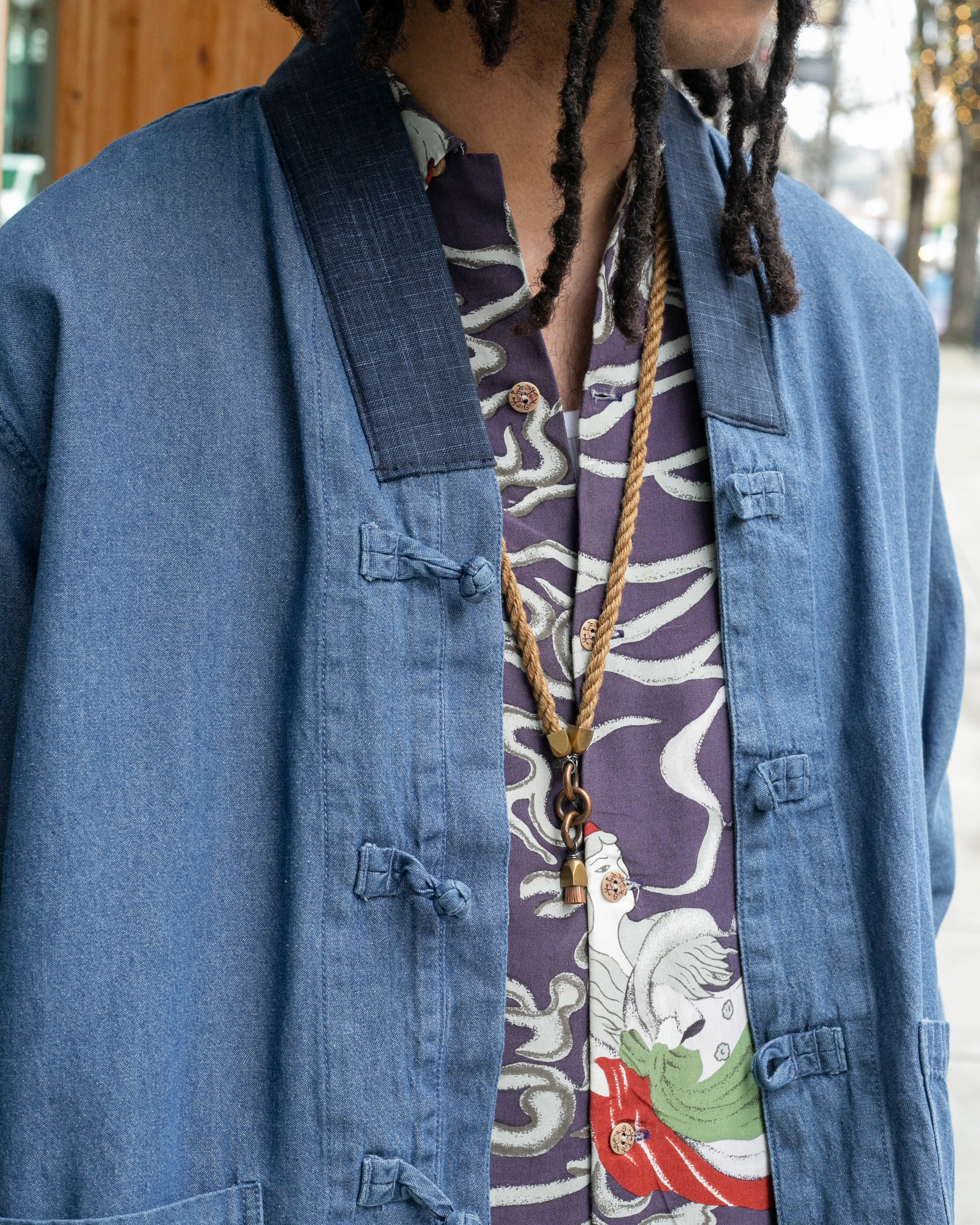 Kiriko Original Two Tone Denim Jacket, Mandarin Style, Light Indigo with Dark Indigo - Image 3