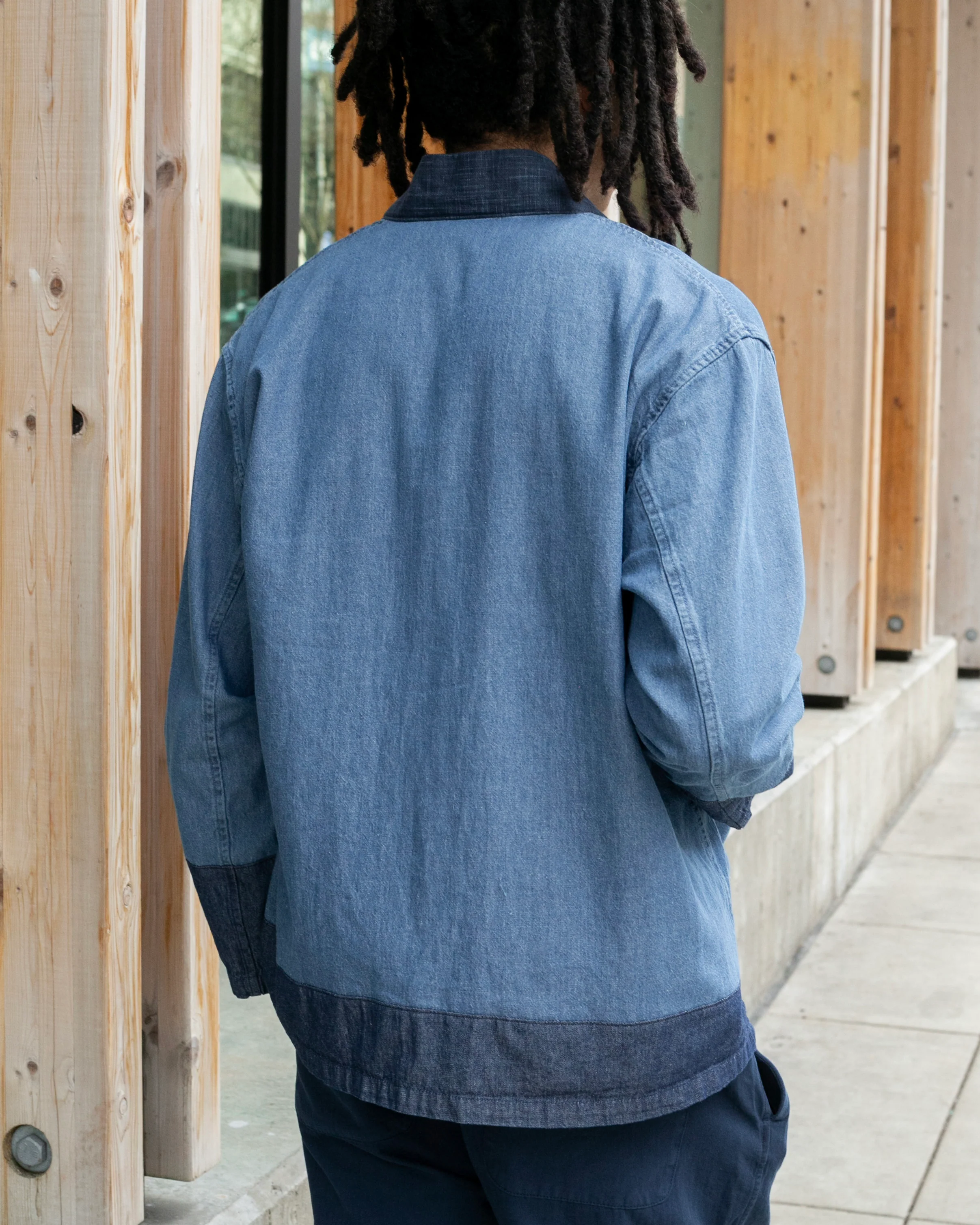 Kiriko Original Two Tone Denim Jacket, Mandarin Style, Light Indigo with Dark Indigo - Image 4