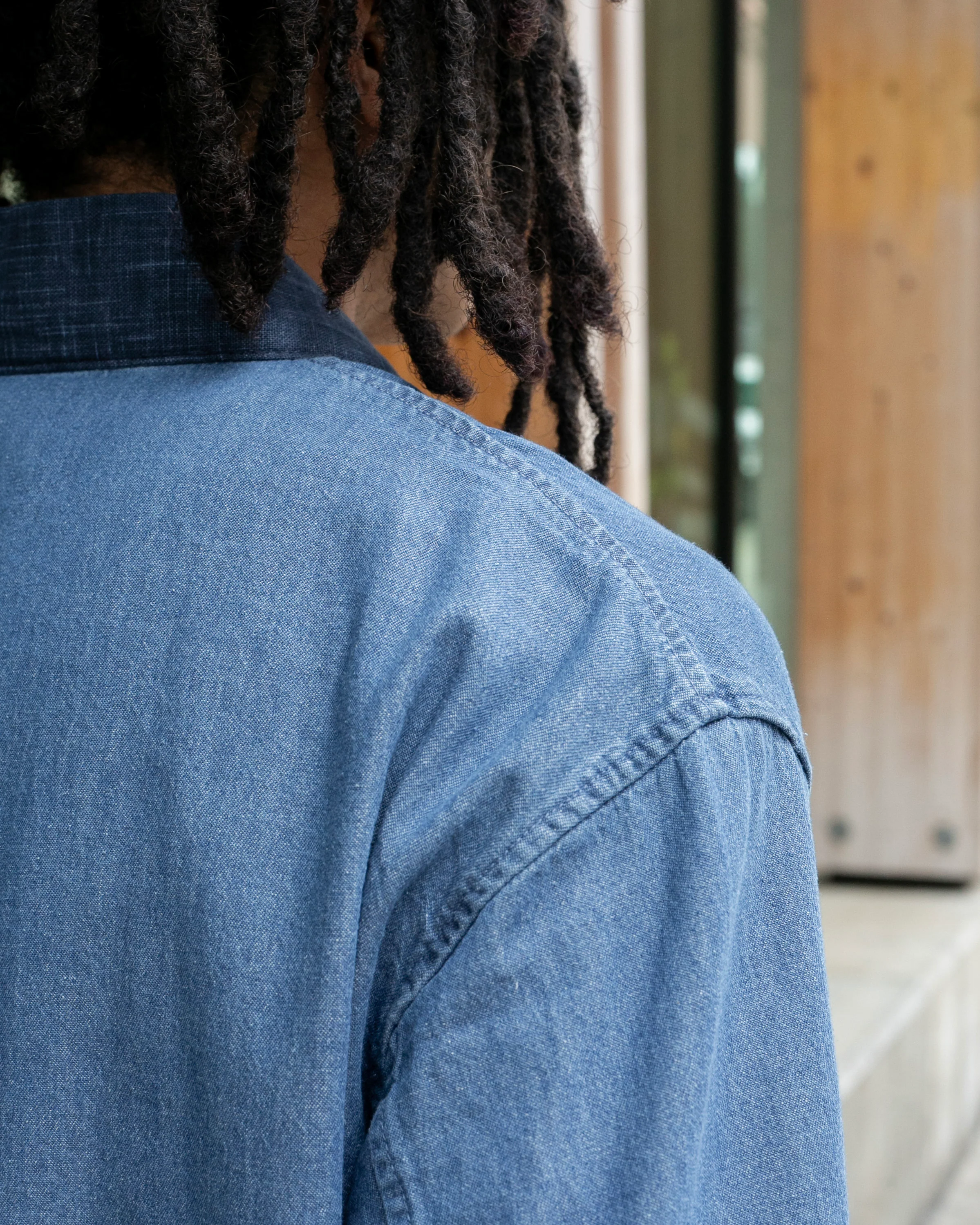 Kiriko Original Two Tone Denim Jacket, Mandarin Style, Light Indigo with Dark Indigo - Image 5