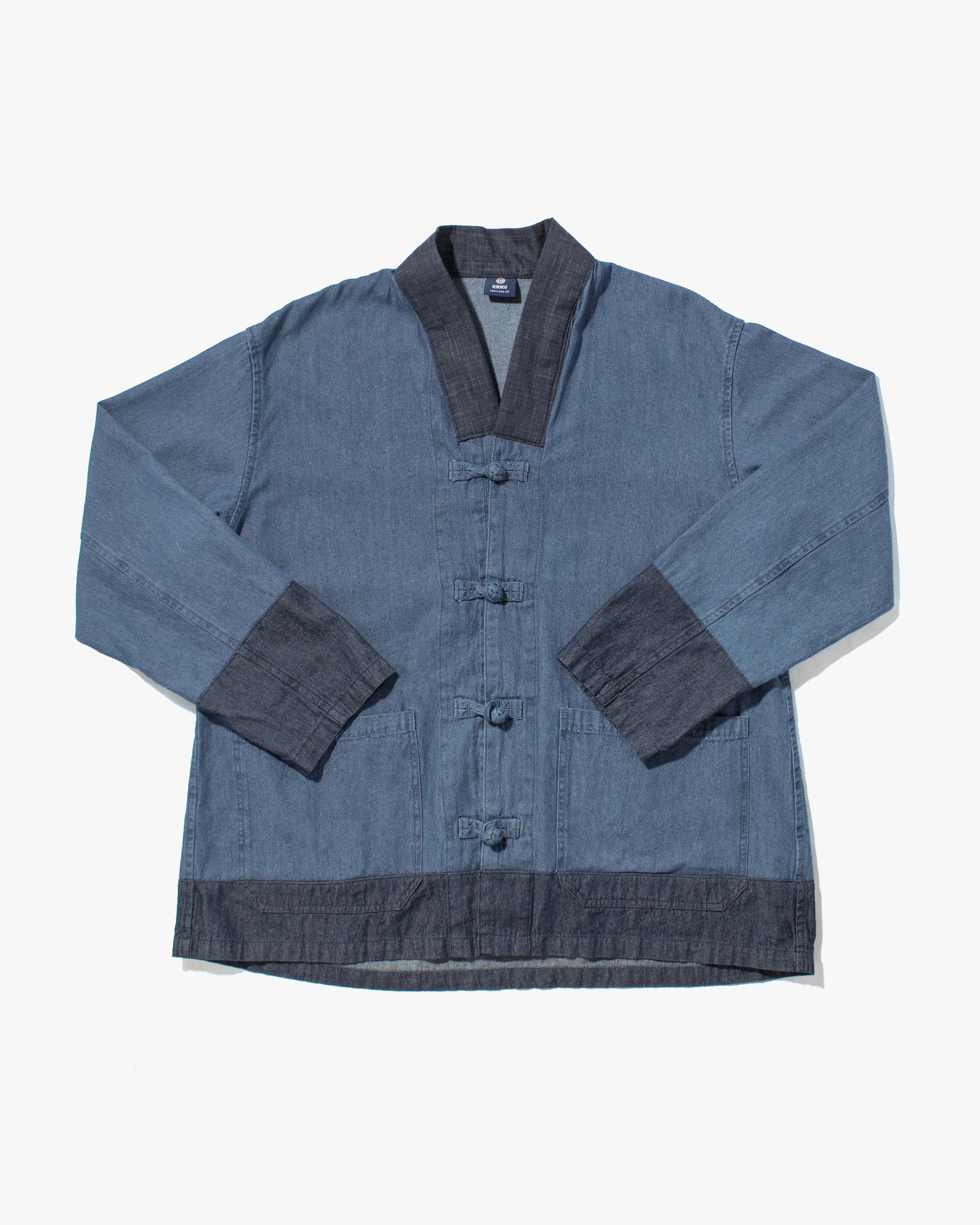 Kiriko Original Two Tone Denim Jacket, Mandarin Style, Light Indigo with Dark Indigo - Image 7