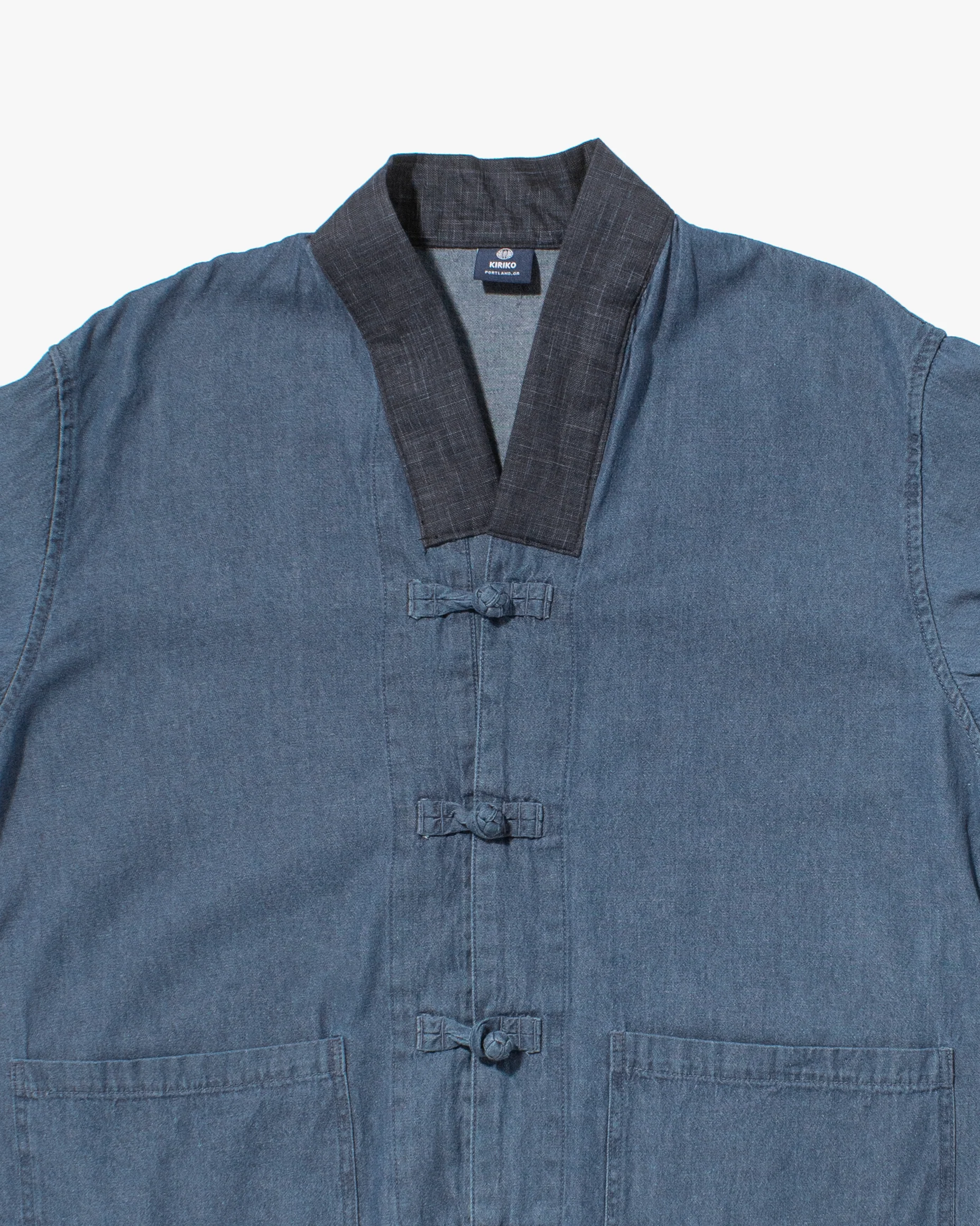Kiriko Original Two Tone Denim Jacket, Mandarin Style, Light Indigo with Dark Indigo - Image 8