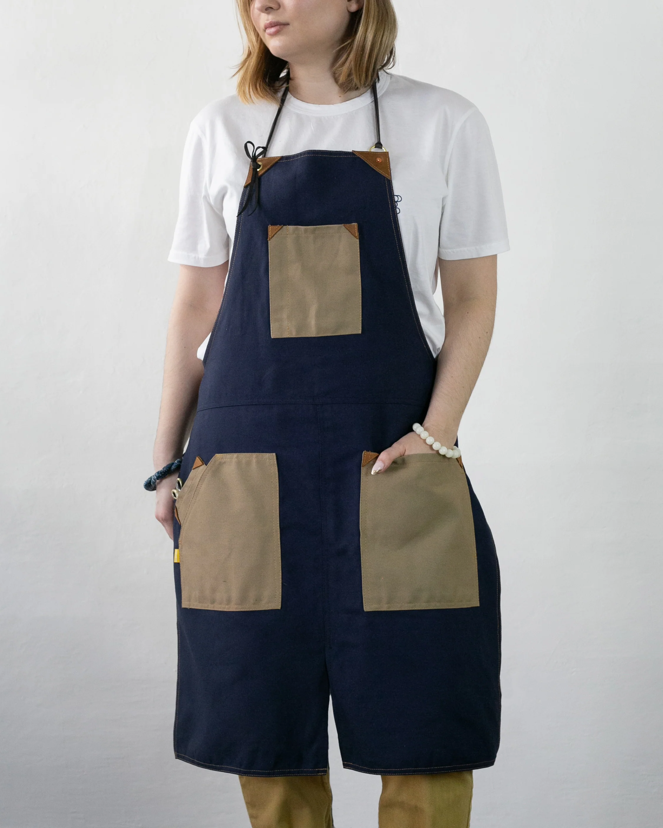 Kokoro Original Work Apron, Full, Canvas Two-Tone, Navy with Beige Pockets