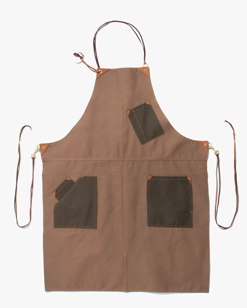 Kokoro Original Work Apron, Full, Canvas Two-Tone, Brown with Olive Pockets - Image 5